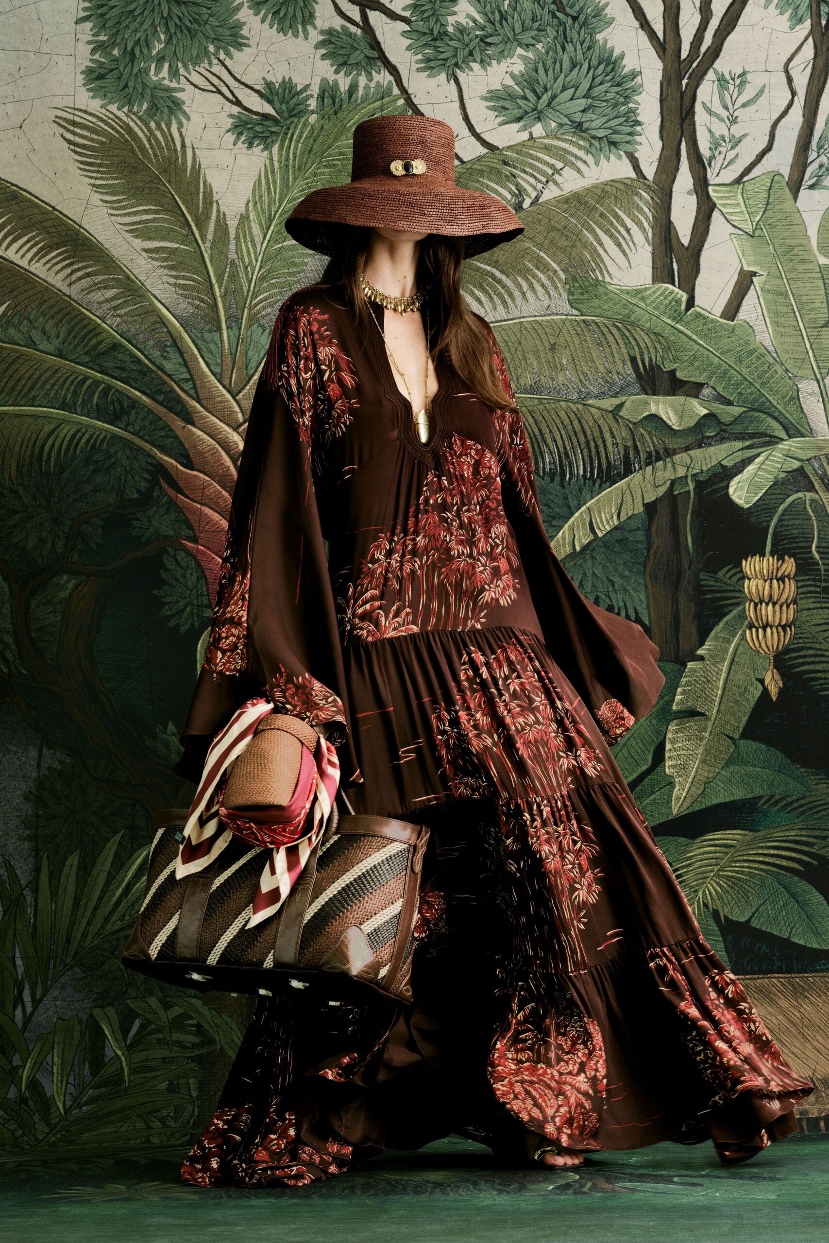 brown silk long-sleeve v-neck relaxed flared pleated dress