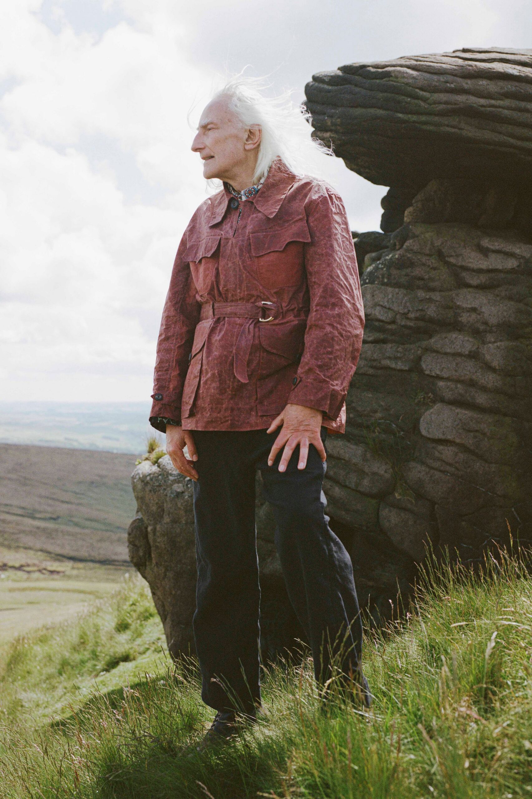 red cotton long-sleeve collared relaxed belted jacket