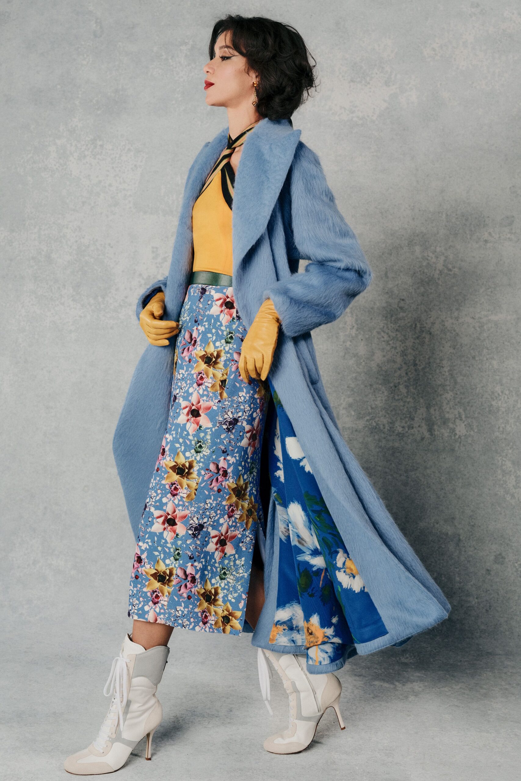 blue silk fitted flared midi skirt