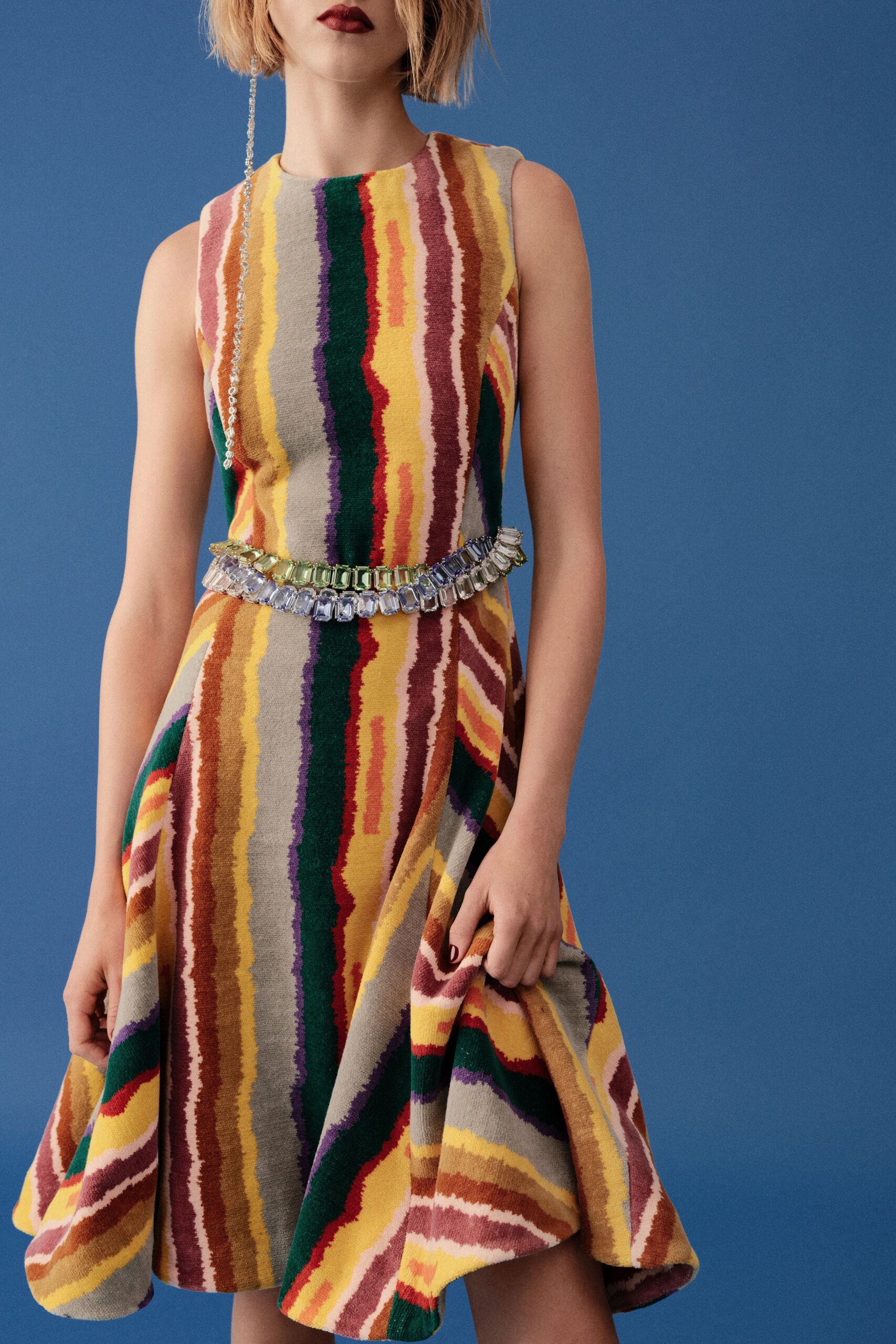 multi-colored pleated midi dress