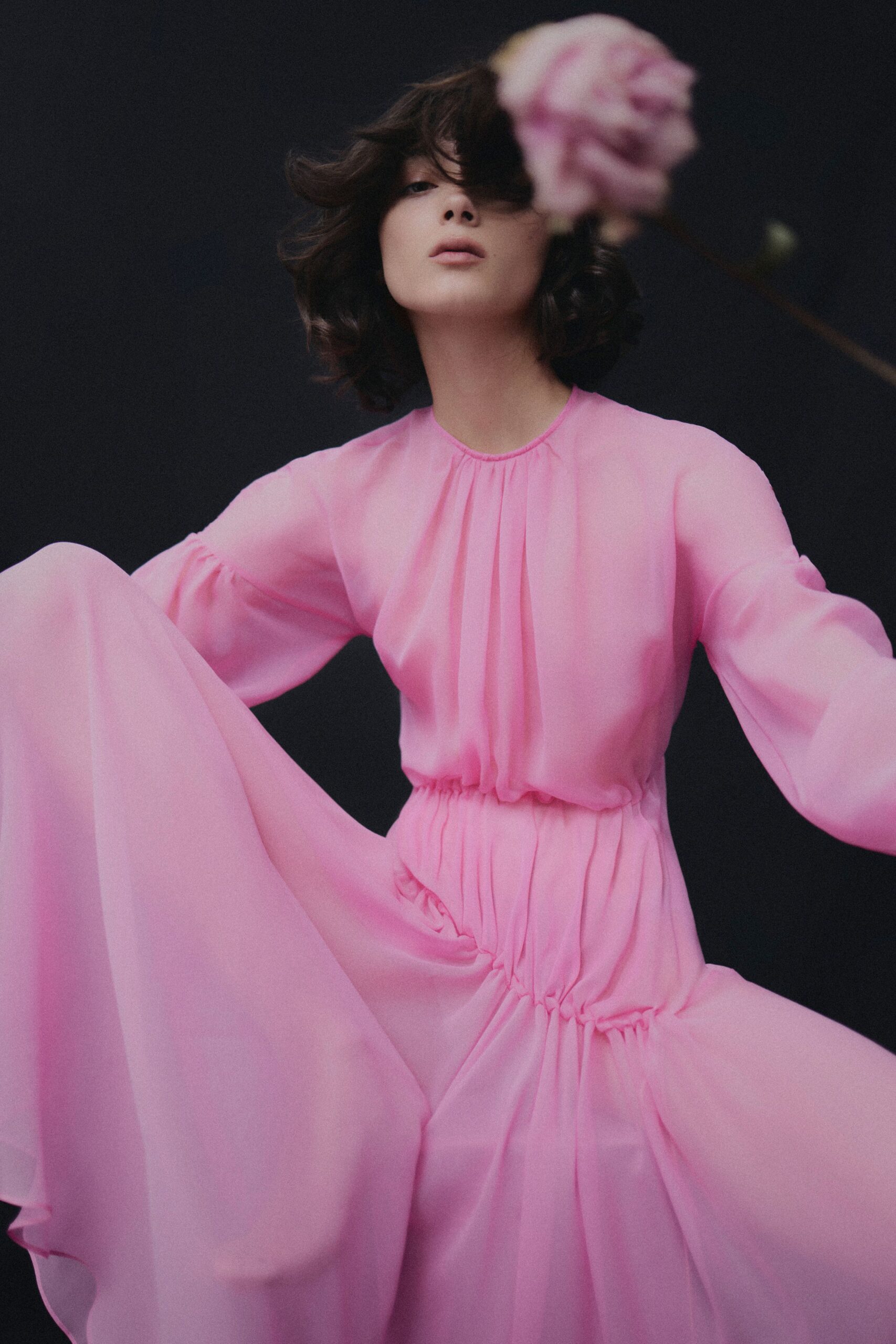 pink chiffon long-sleeve dress