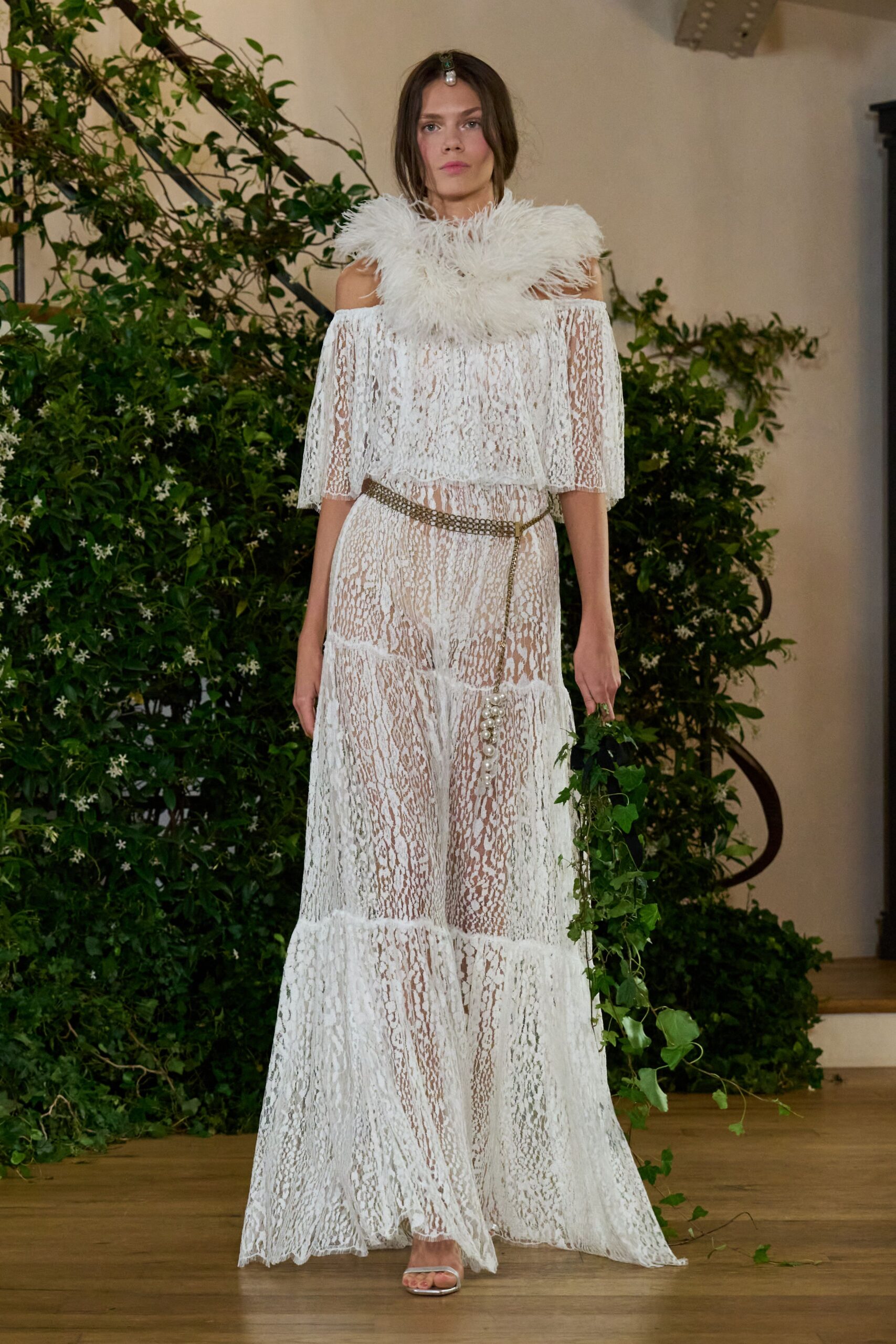 white lace off-shoulder long-sleeve fitted layered gown