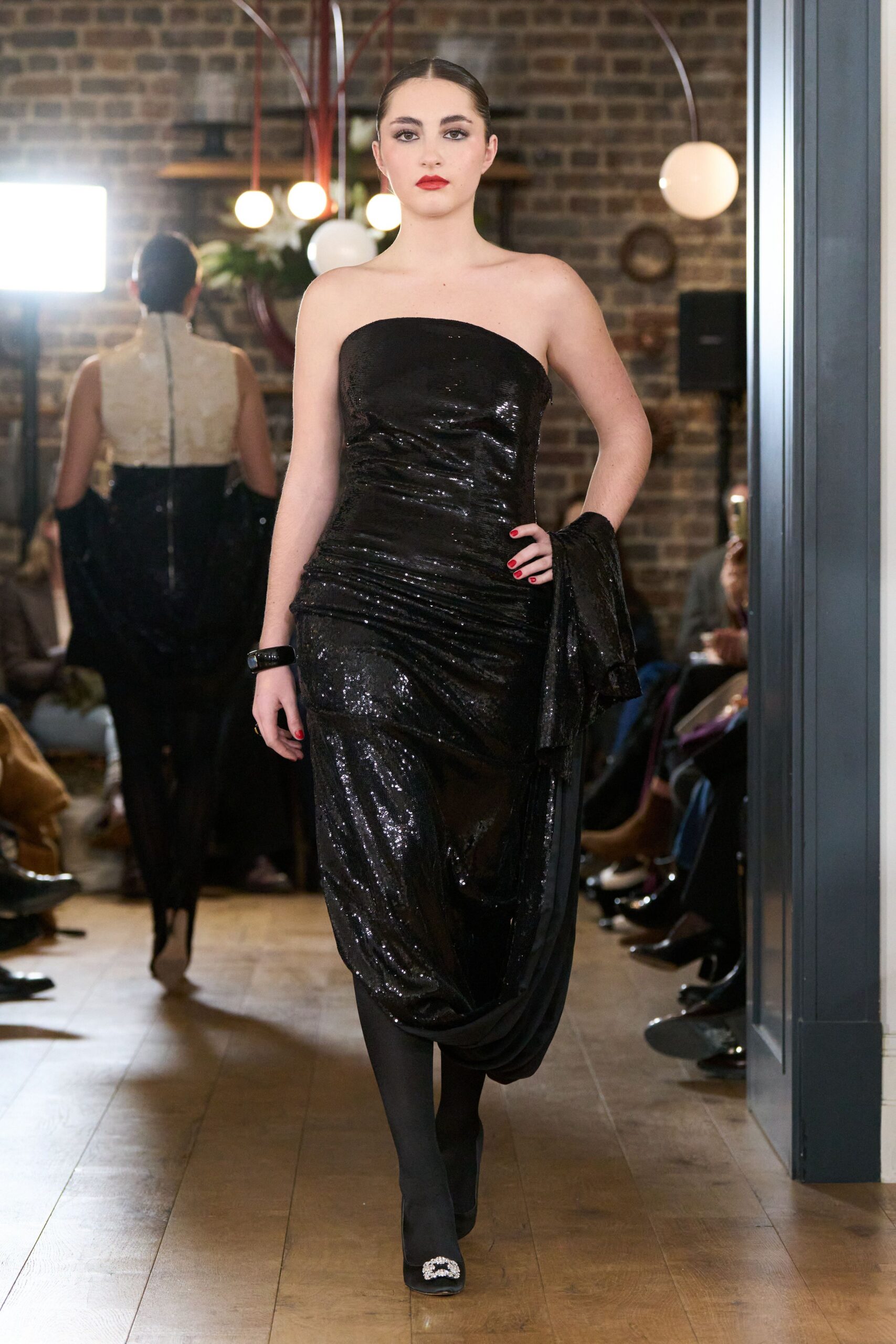 black sequined strapless midi dress