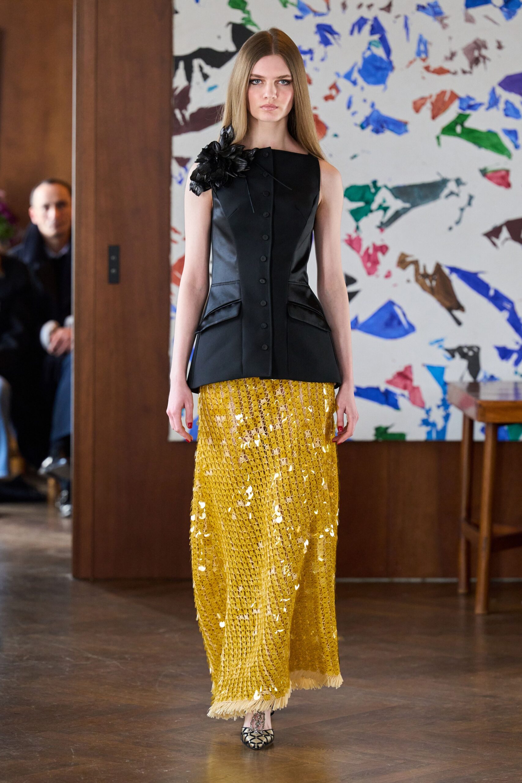 yellow silk fitted sequined tiered shiny maxi skirt