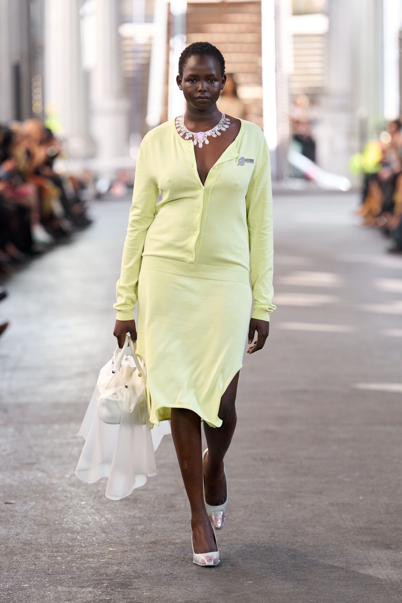 yellow cotton long-sleeve v-neck fitted midi dress