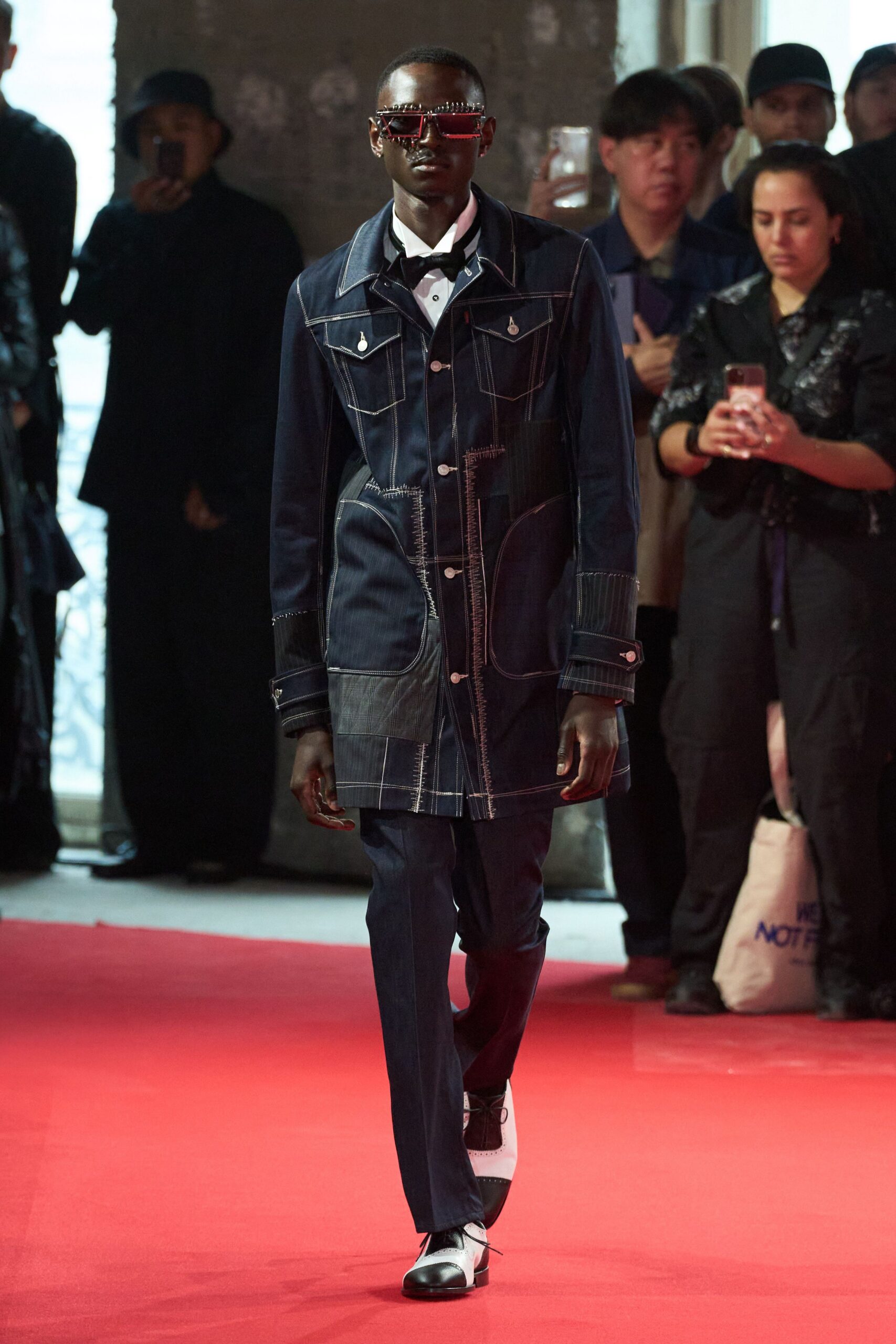 blue denim long-sleeve collared relaxed buttoned pockets coat