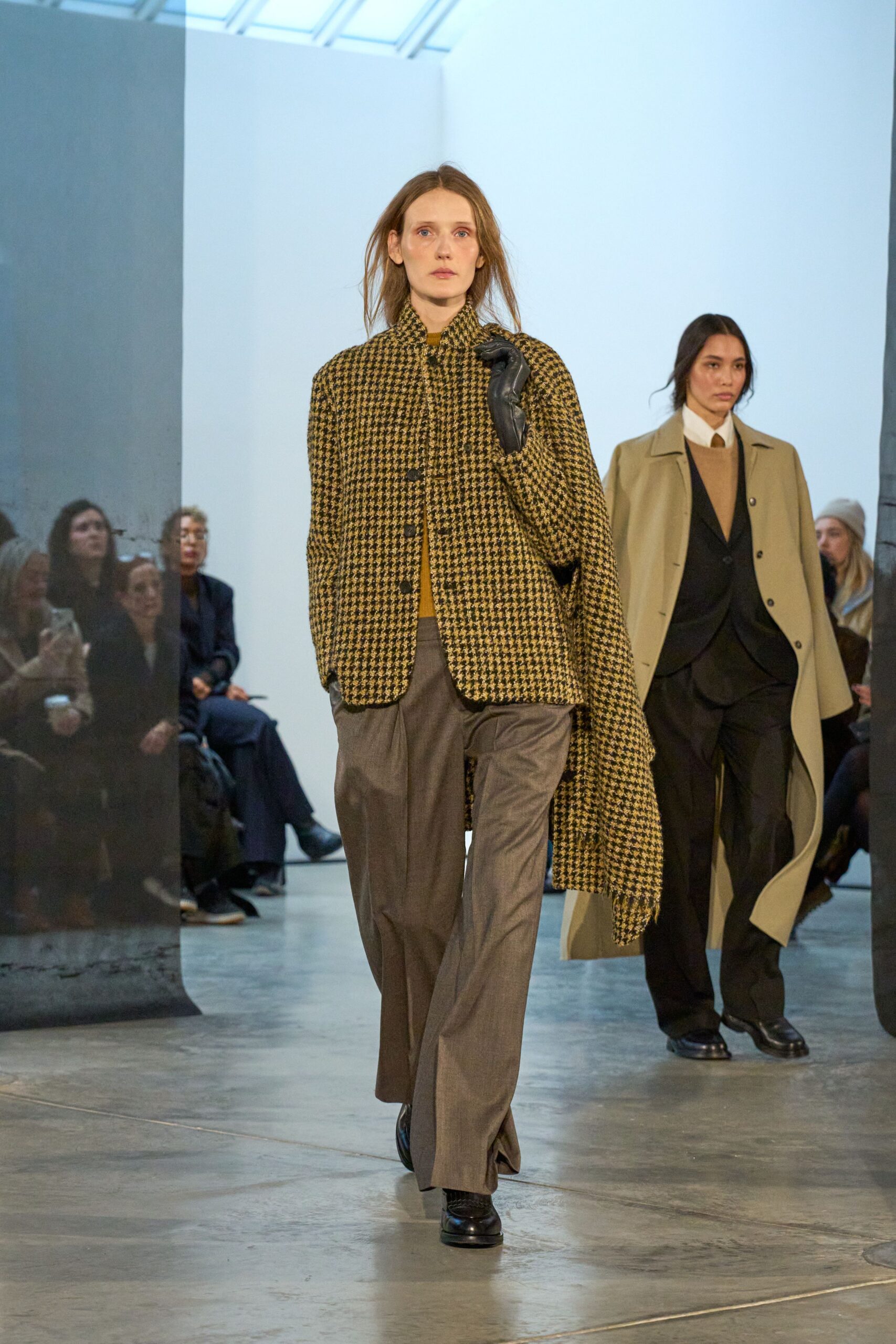 beige coat yellow checked blazer gray pants
