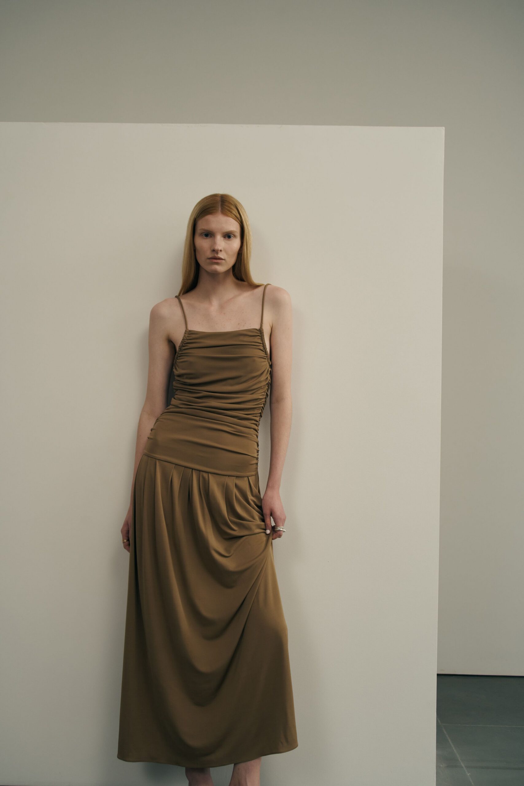 brown silk sleeveless dress