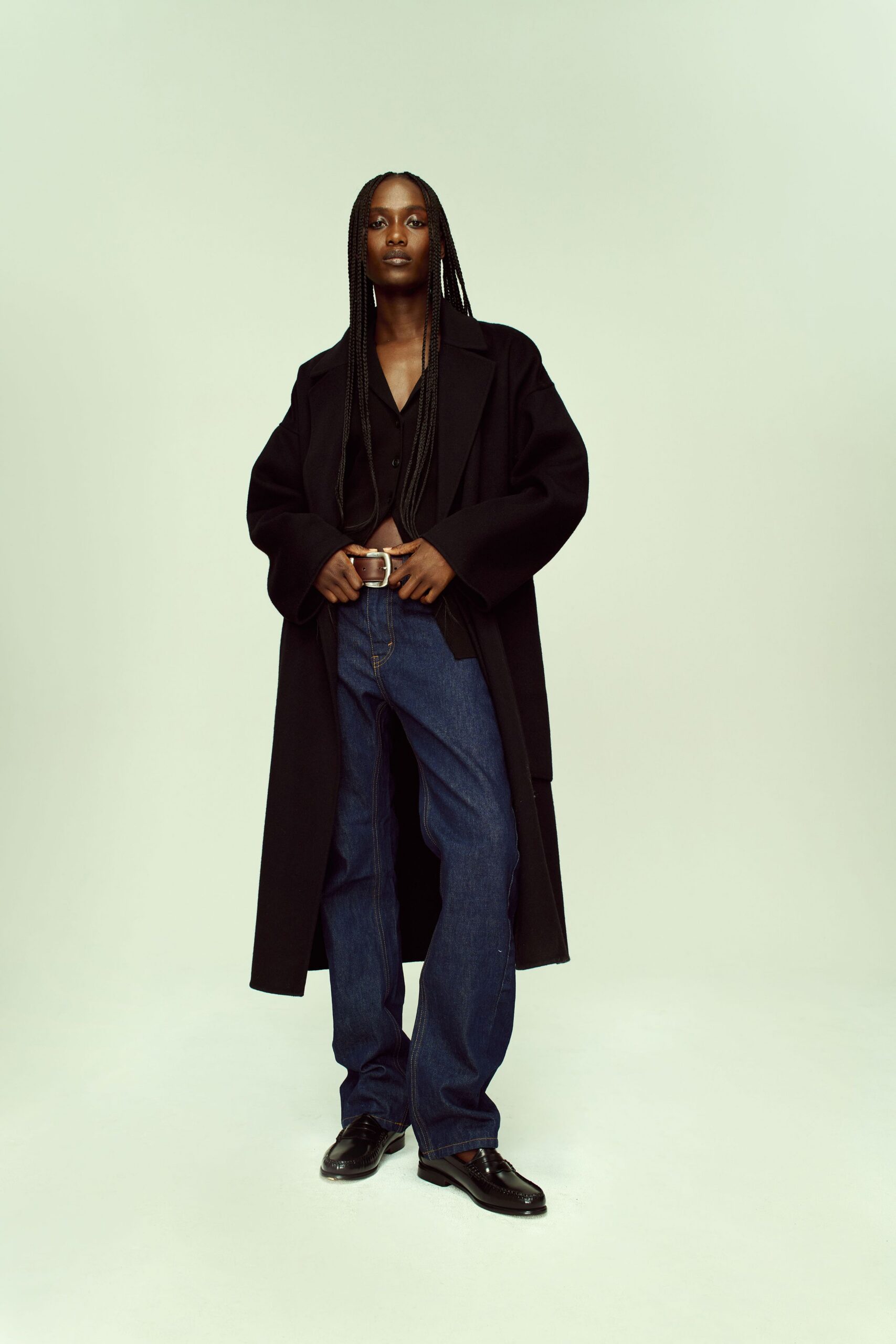black wool coat with jeans