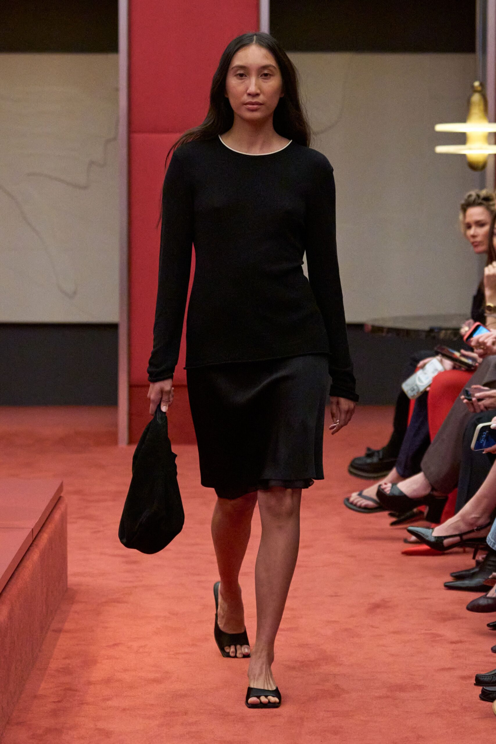 black silk long-sleeve scoop-neck fitted straight-leg midi dress