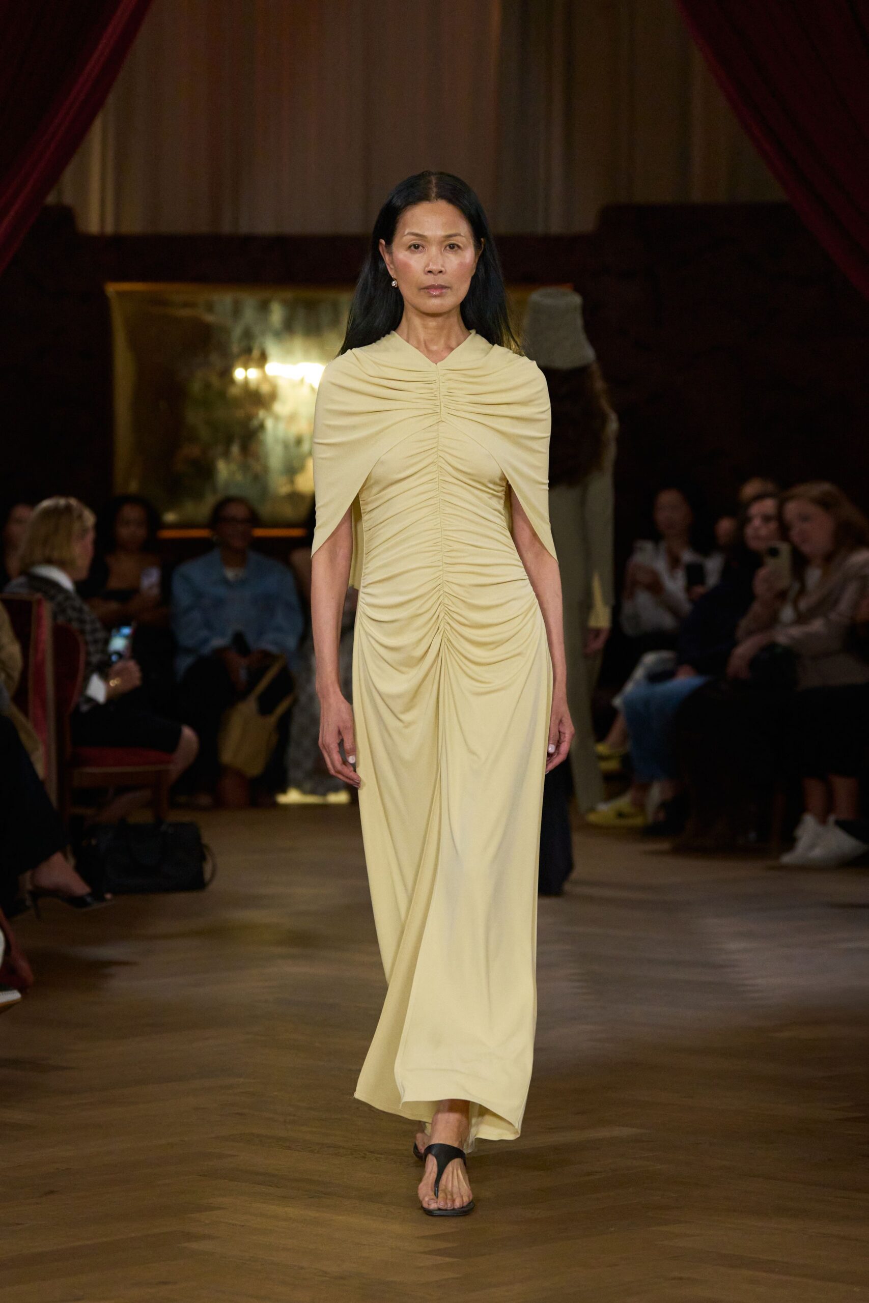yellow silk sleeveless high-neck fitted ruched maxi gown