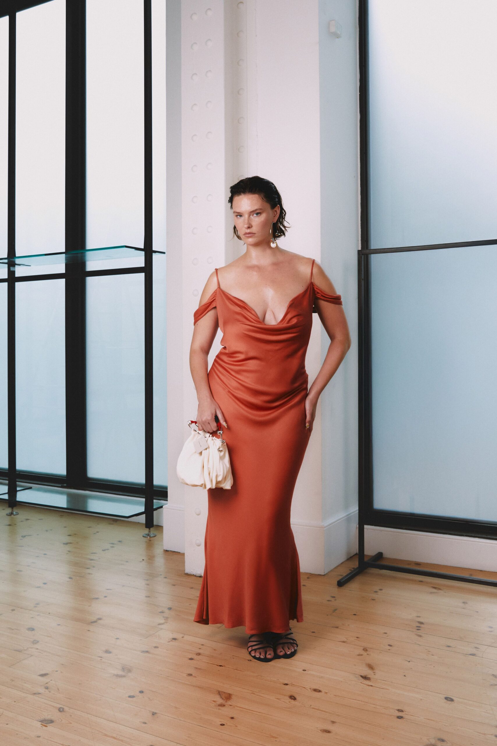 orange silk sleeveless v-neck fitted draped maxi gown