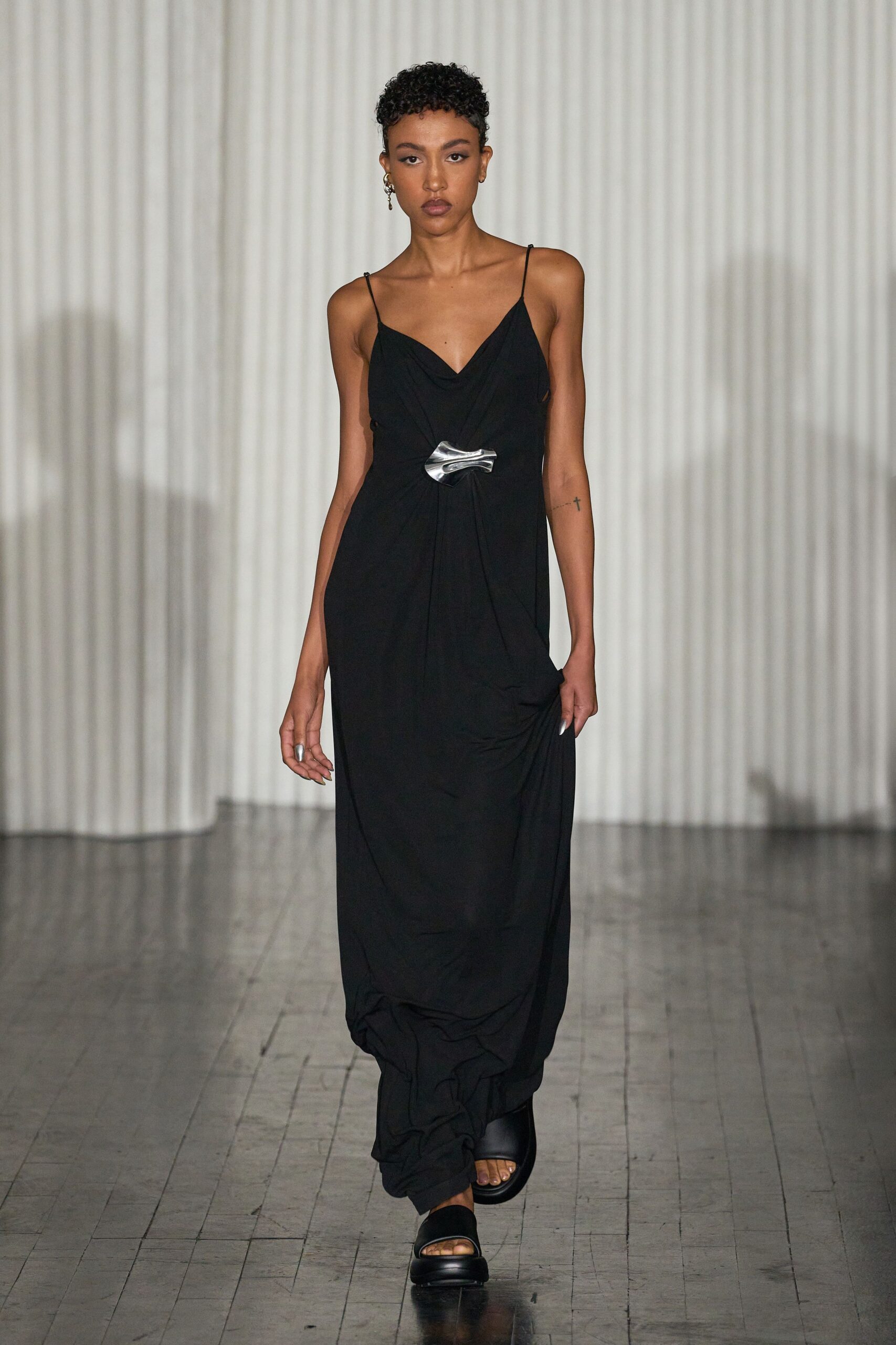 black silk sleeveless gown