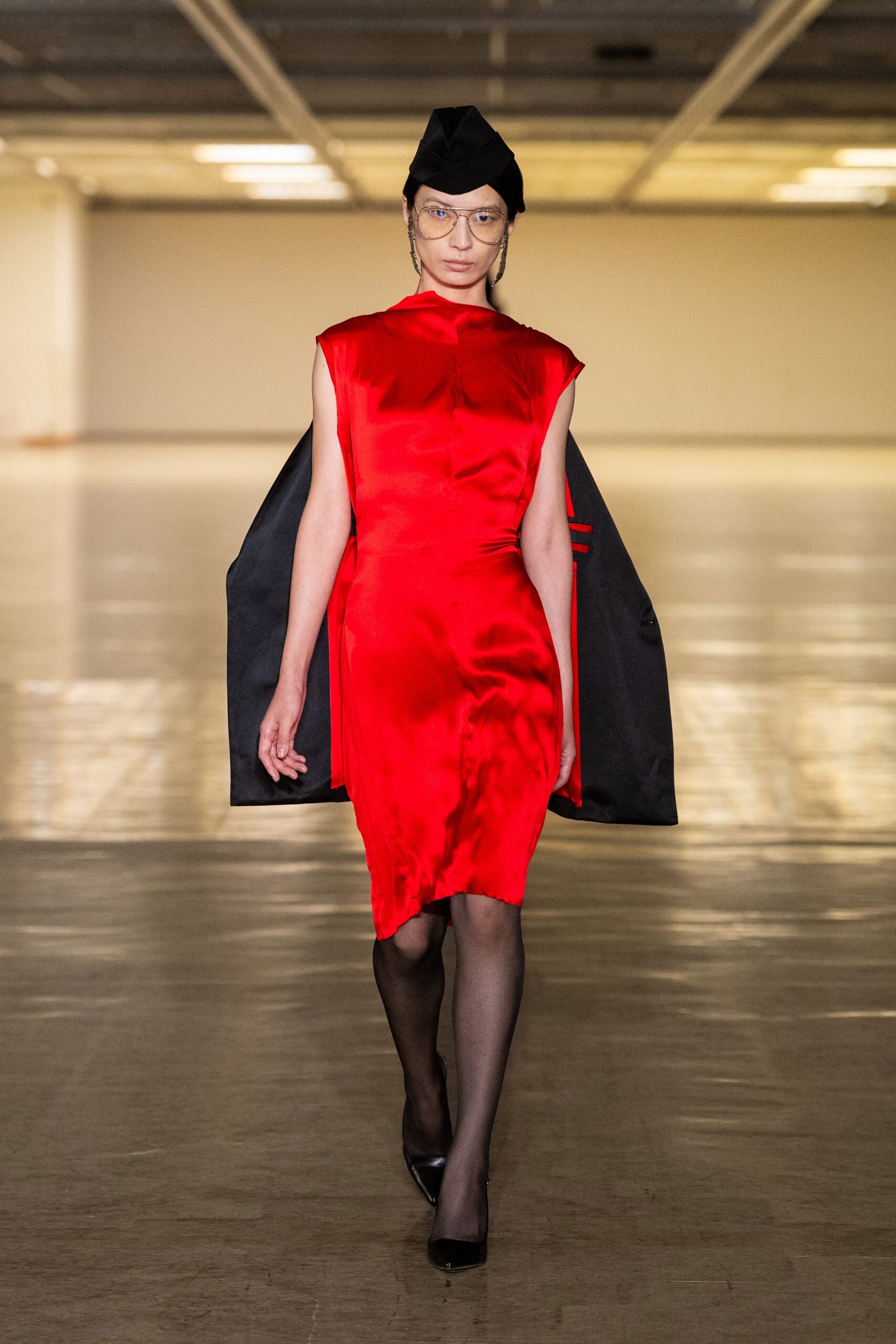 red silk sleeveless high-neck fitted draped shiny dress