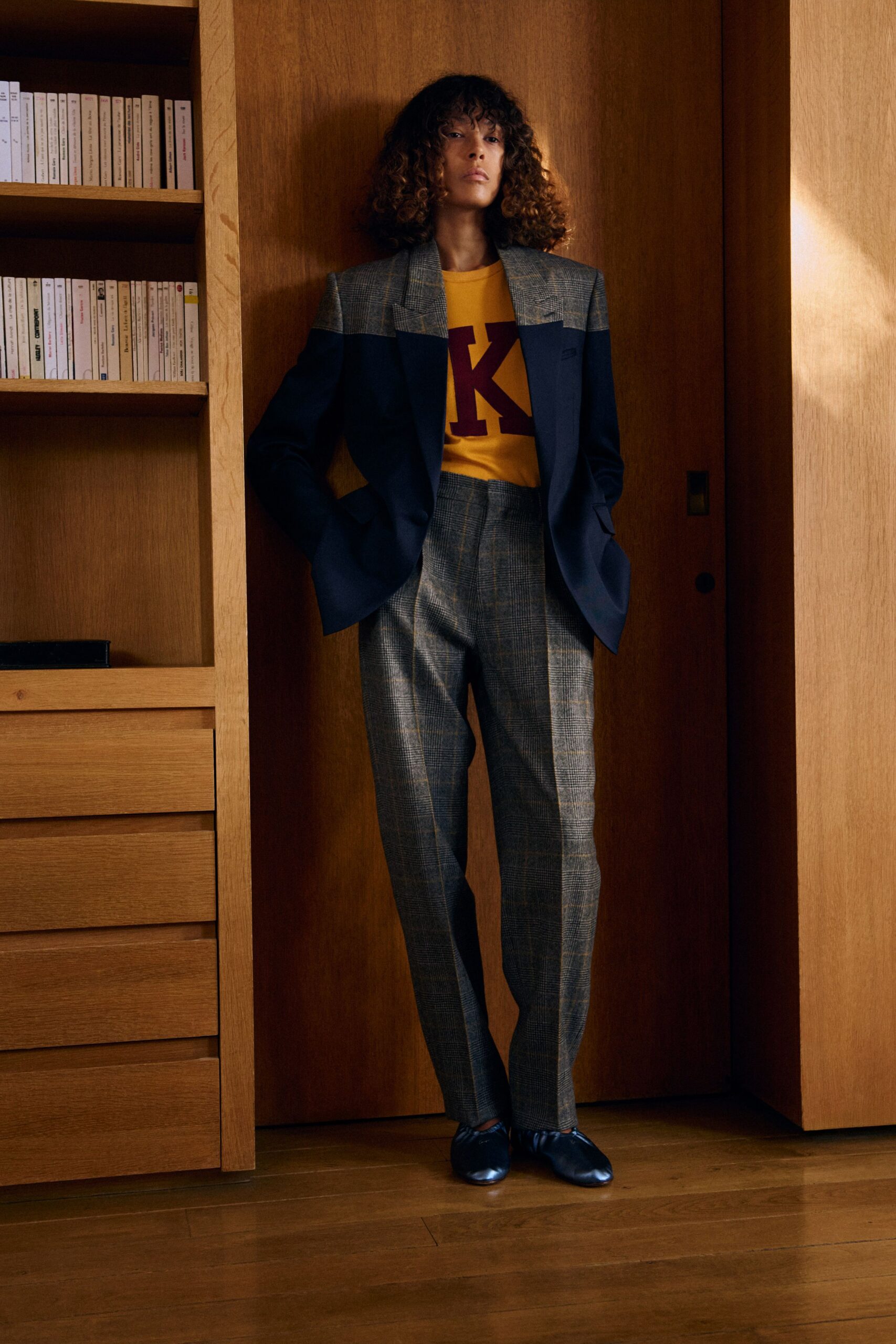 tailored black blazer with yellow t-shirt