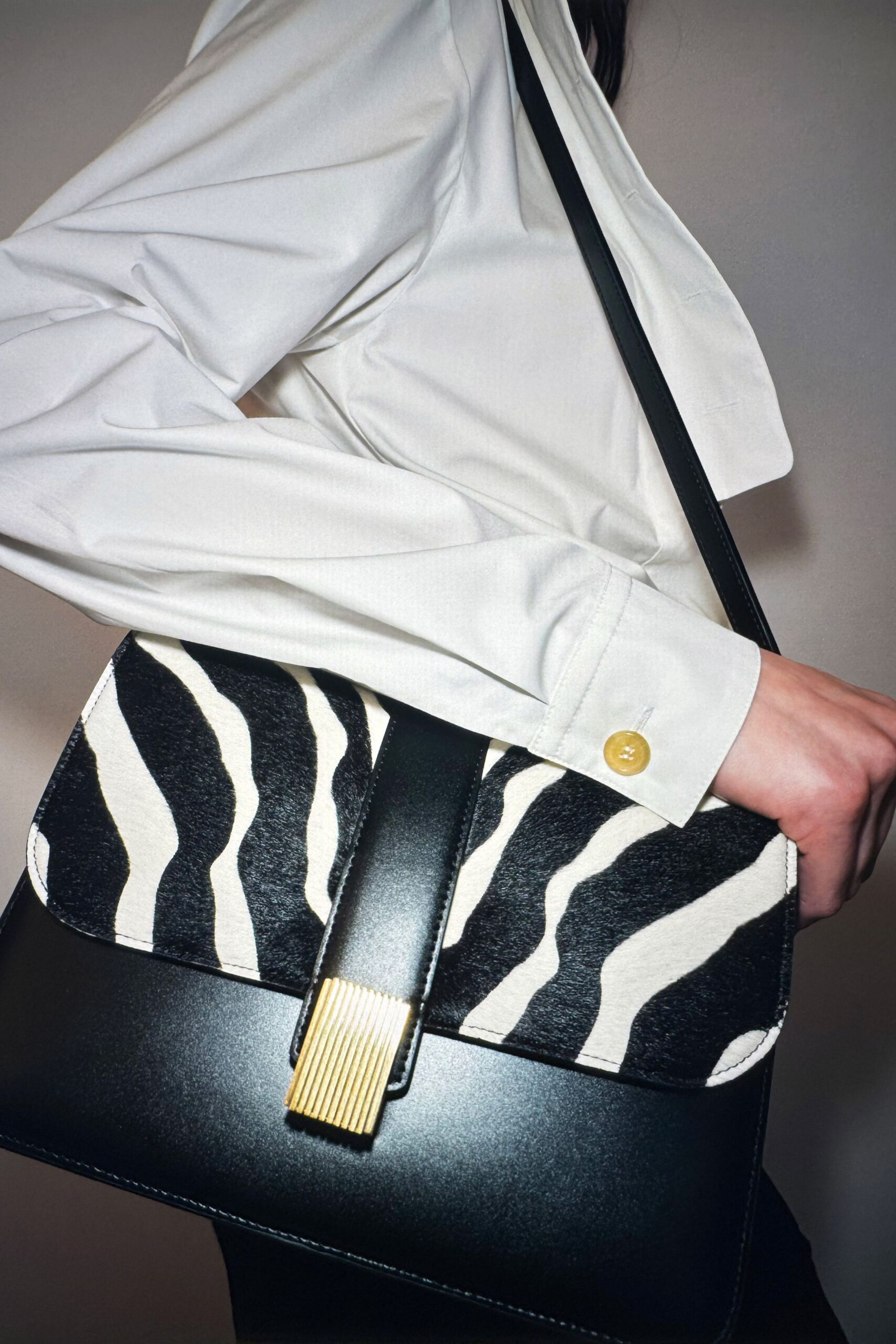 fitted white collared shirt with bag