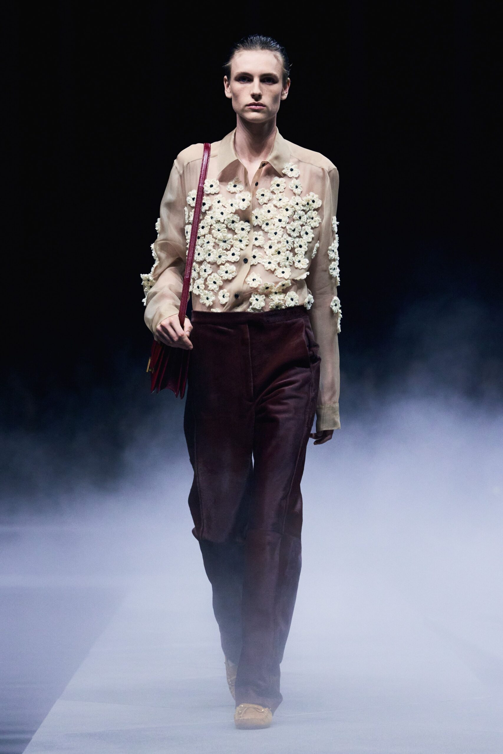 beige embroidered shirt with brown pants