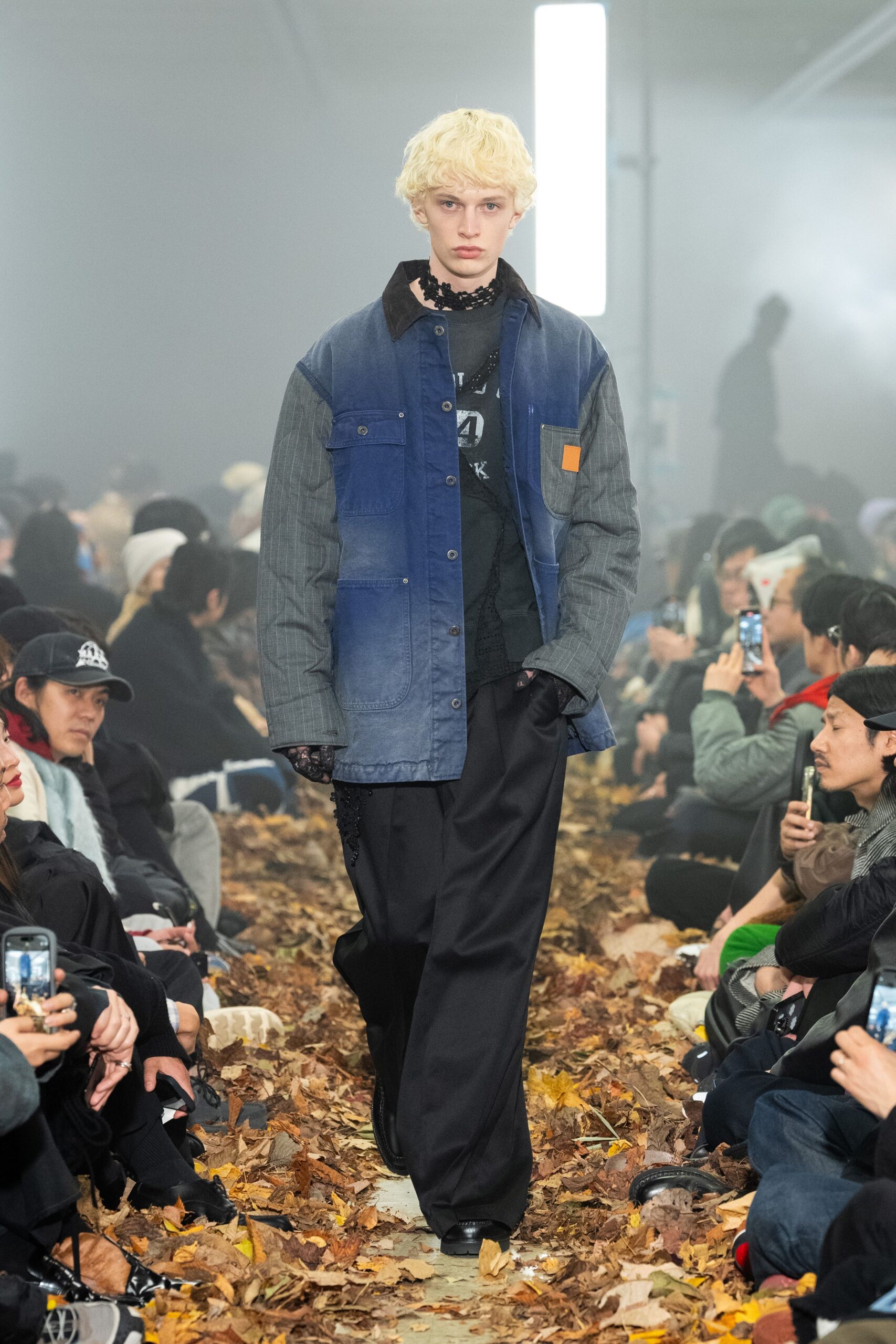 blue denim jacket black t-shirt black pants