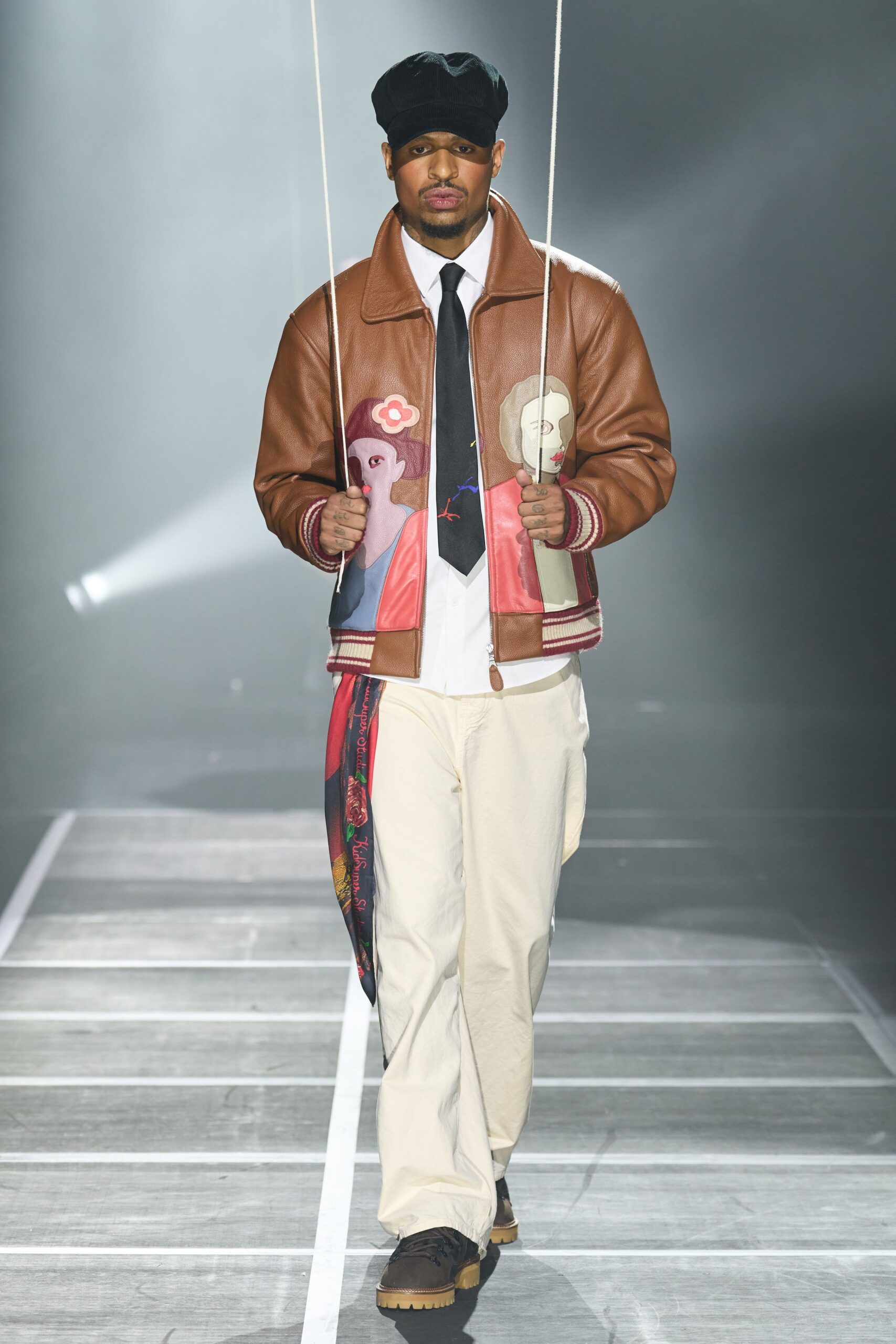 brown leather long-sleeve collared fitted embroidered jacket