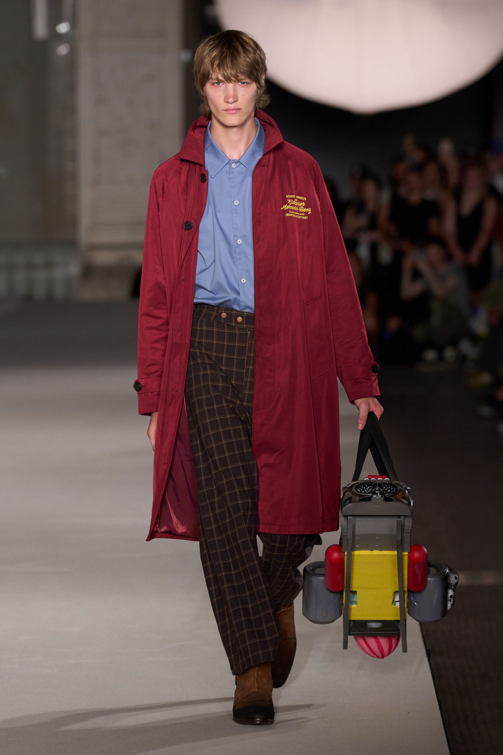 red cotton long-sleeve collared relaxed buttoned coat
