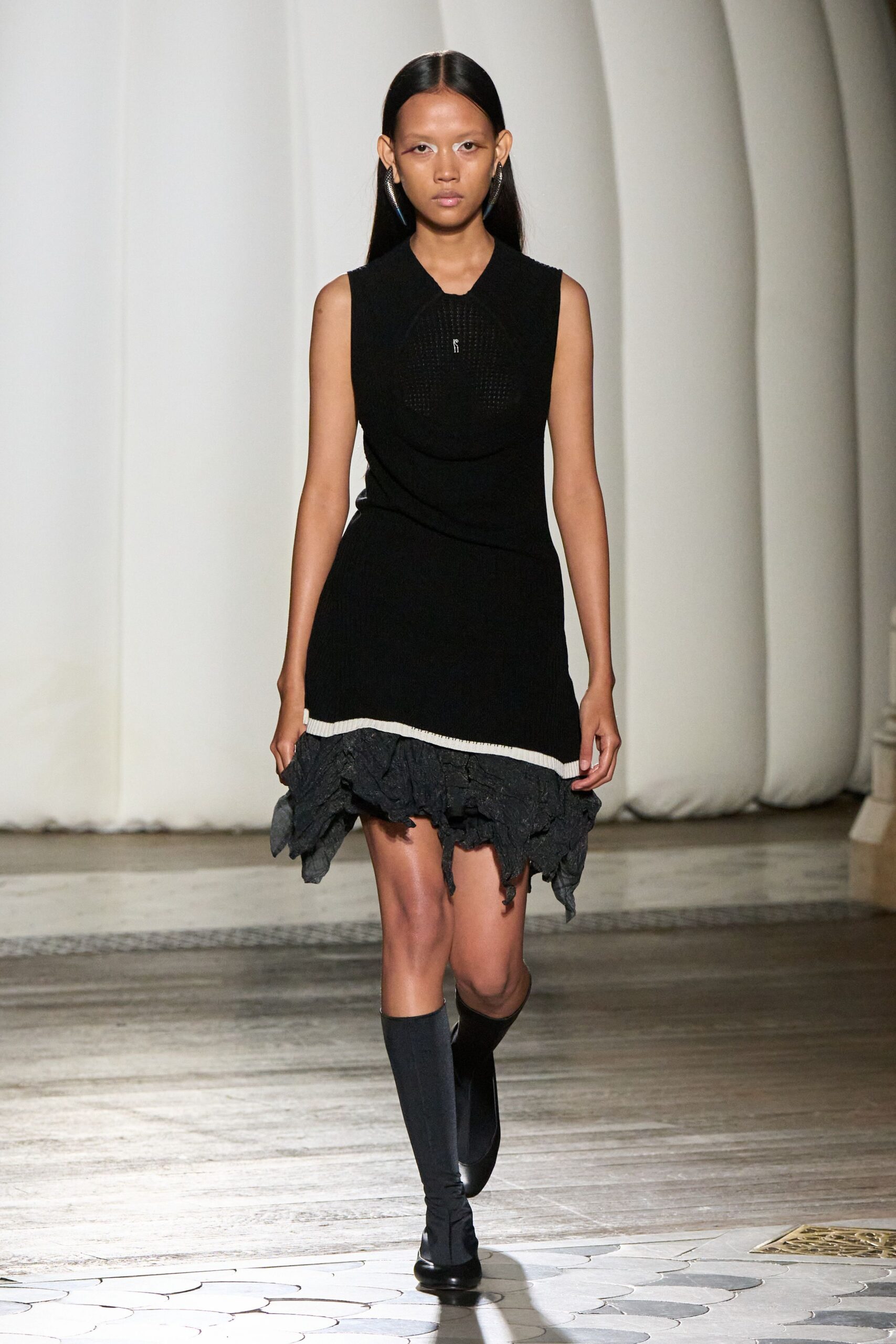 black cotton sleeveless collared fitted ruffled mini dress