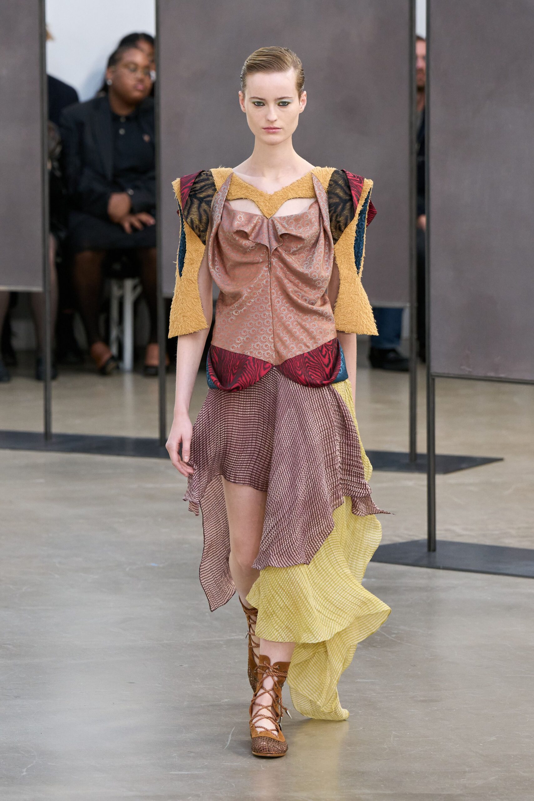 brown silk sleeveless v-neck fitted pleated layered dress