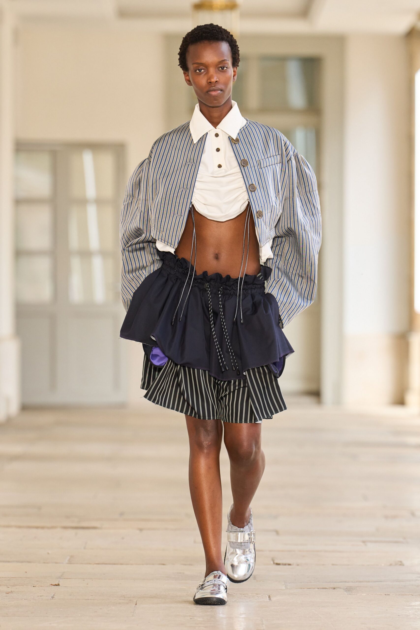 relaxed blue striped jacket with black skirt