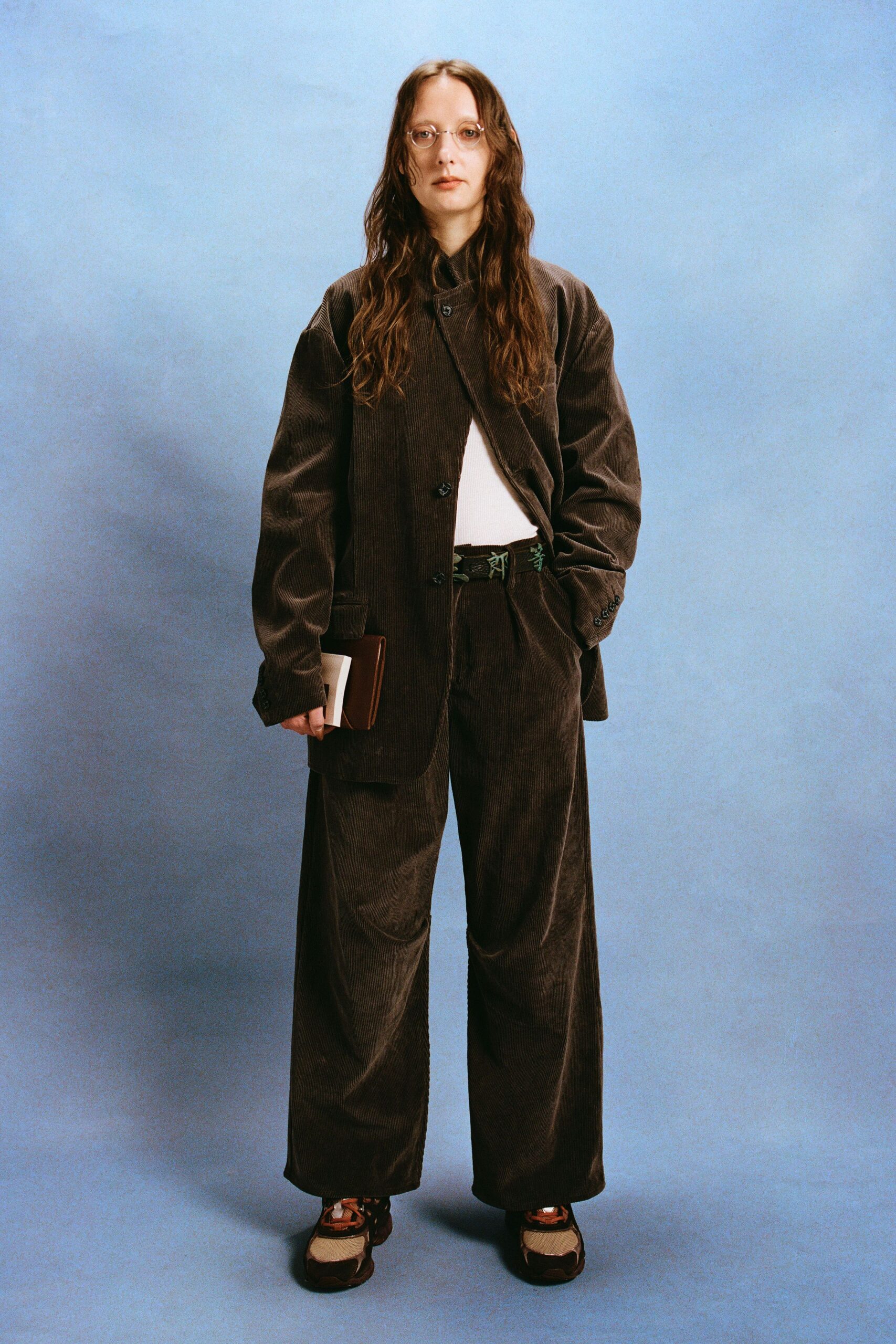 brown relaxed jacket with wide-leg pants