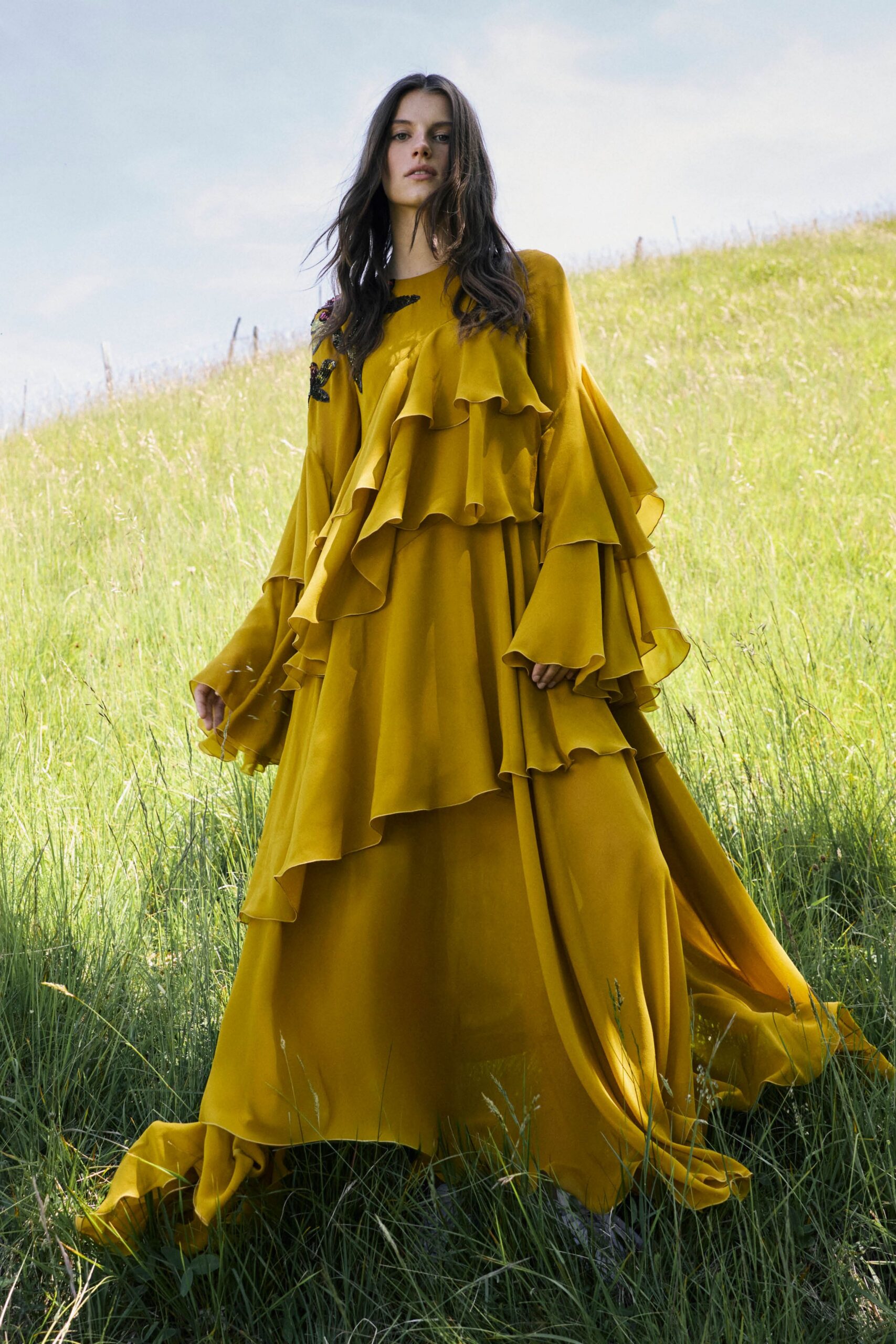 yellow ruffled maxi gown