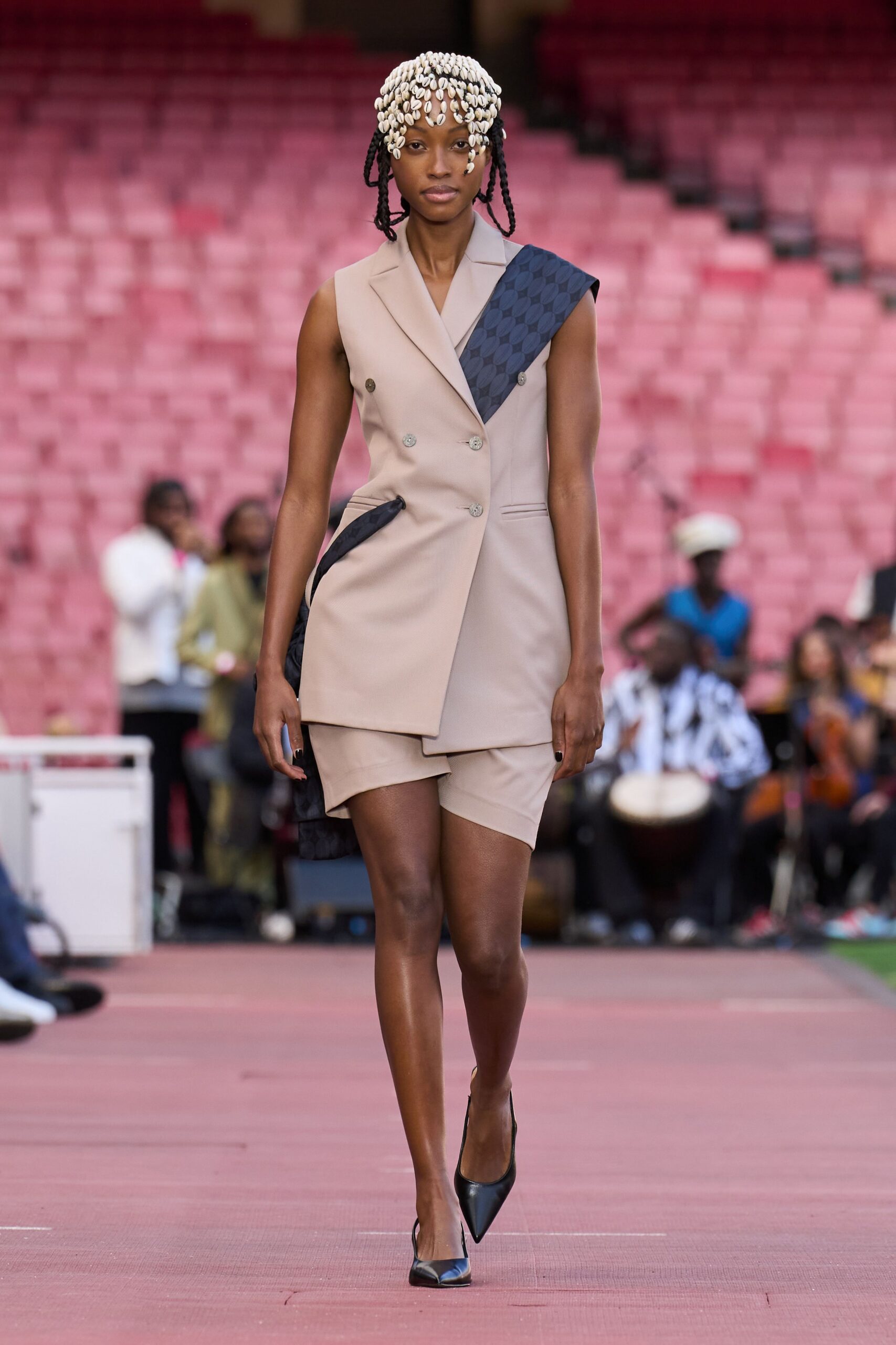 beige tailored blazer with shorts