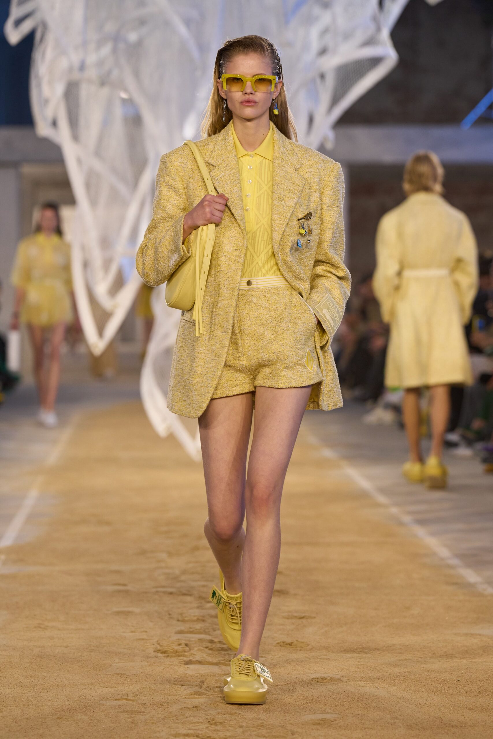 yellow tweed long-sleeve collared tailored buttoned blazer