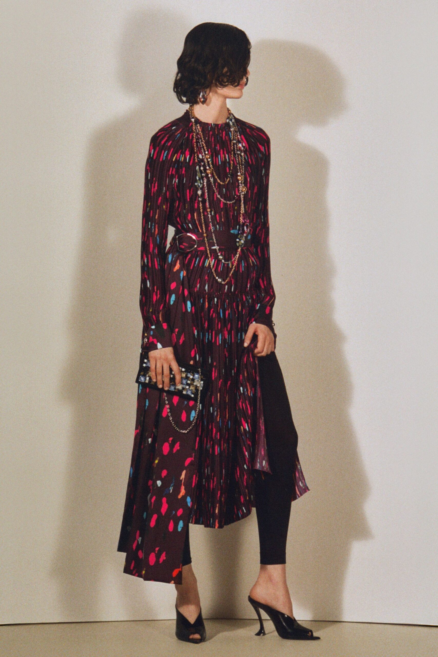 black silk long-sleeve high-neck fitted pleated printed dress