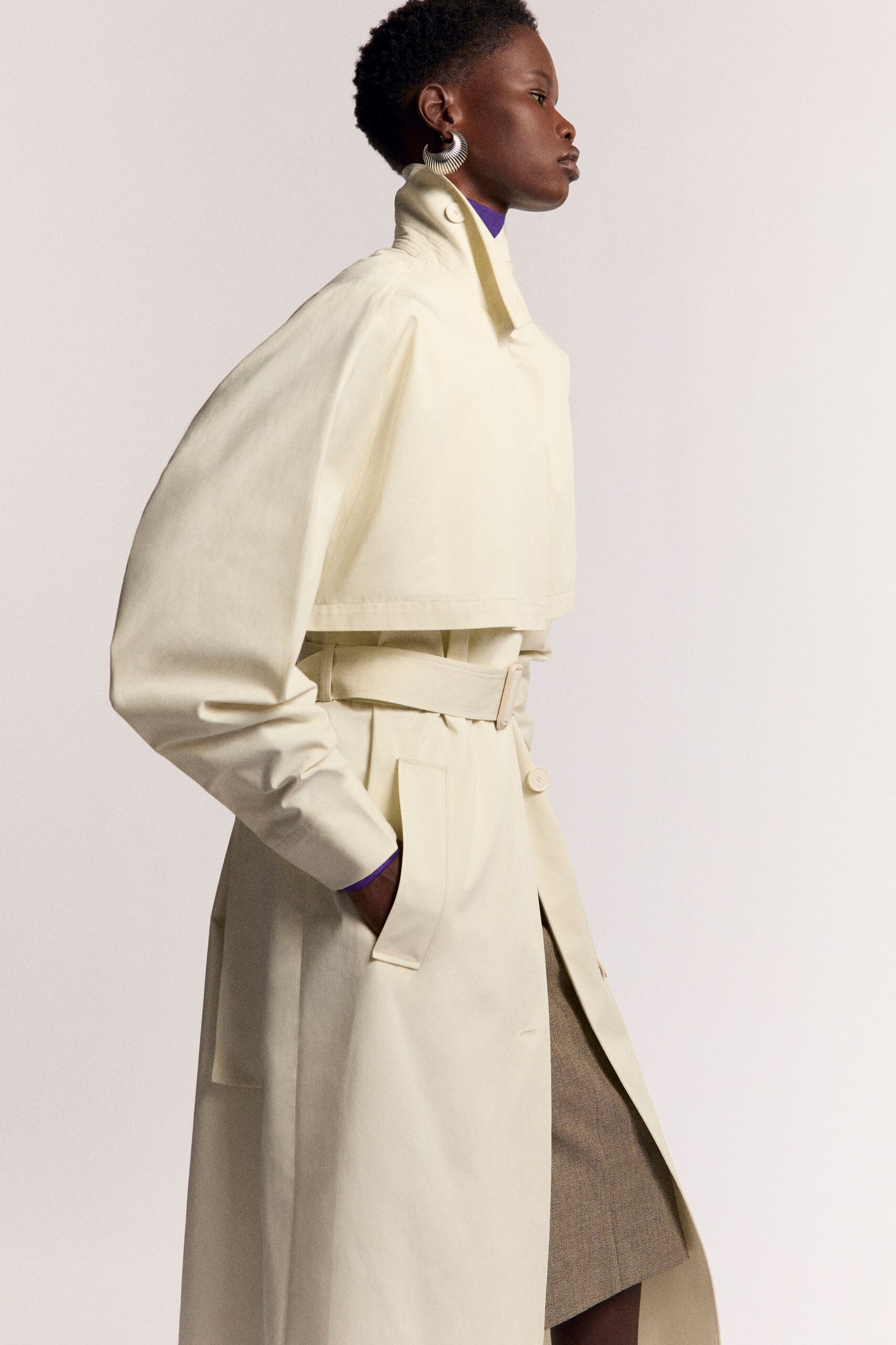 beige cotton long-sleeve collared structured belted zippered trench