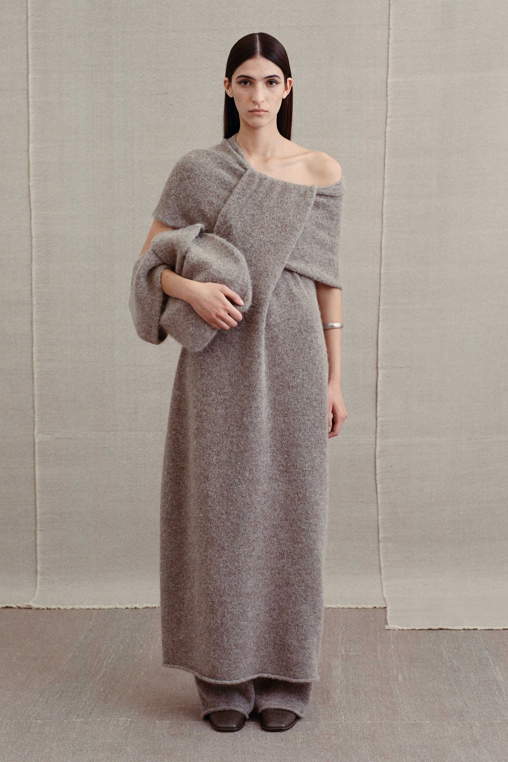 gray wool sleeveless off-shoulder fitted draped maxi gown