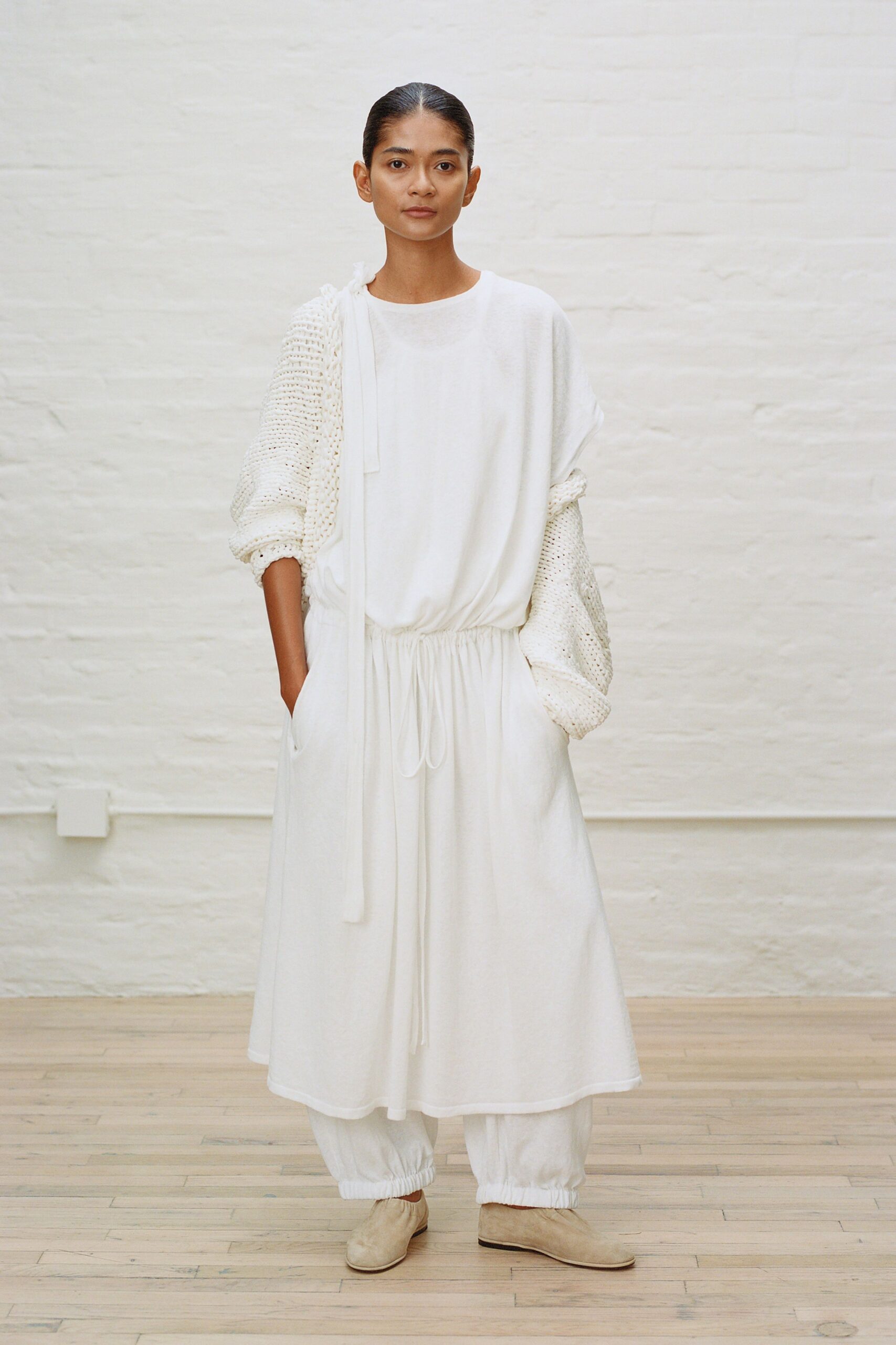 white relaxed dress with pants