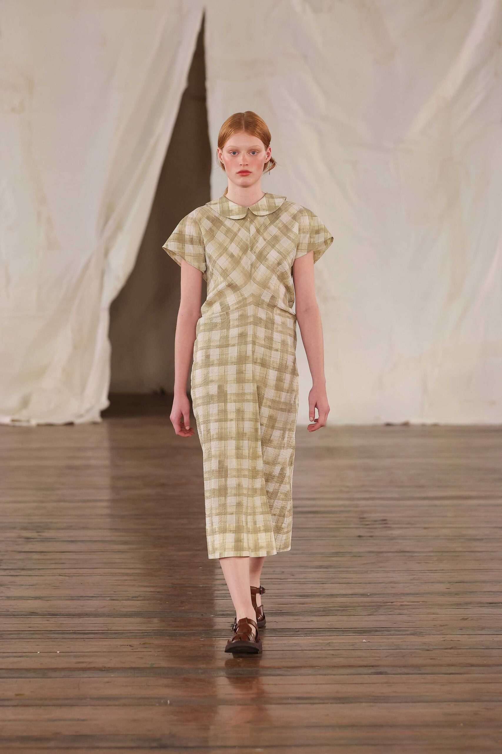 beige checked midi dress with brown shoes