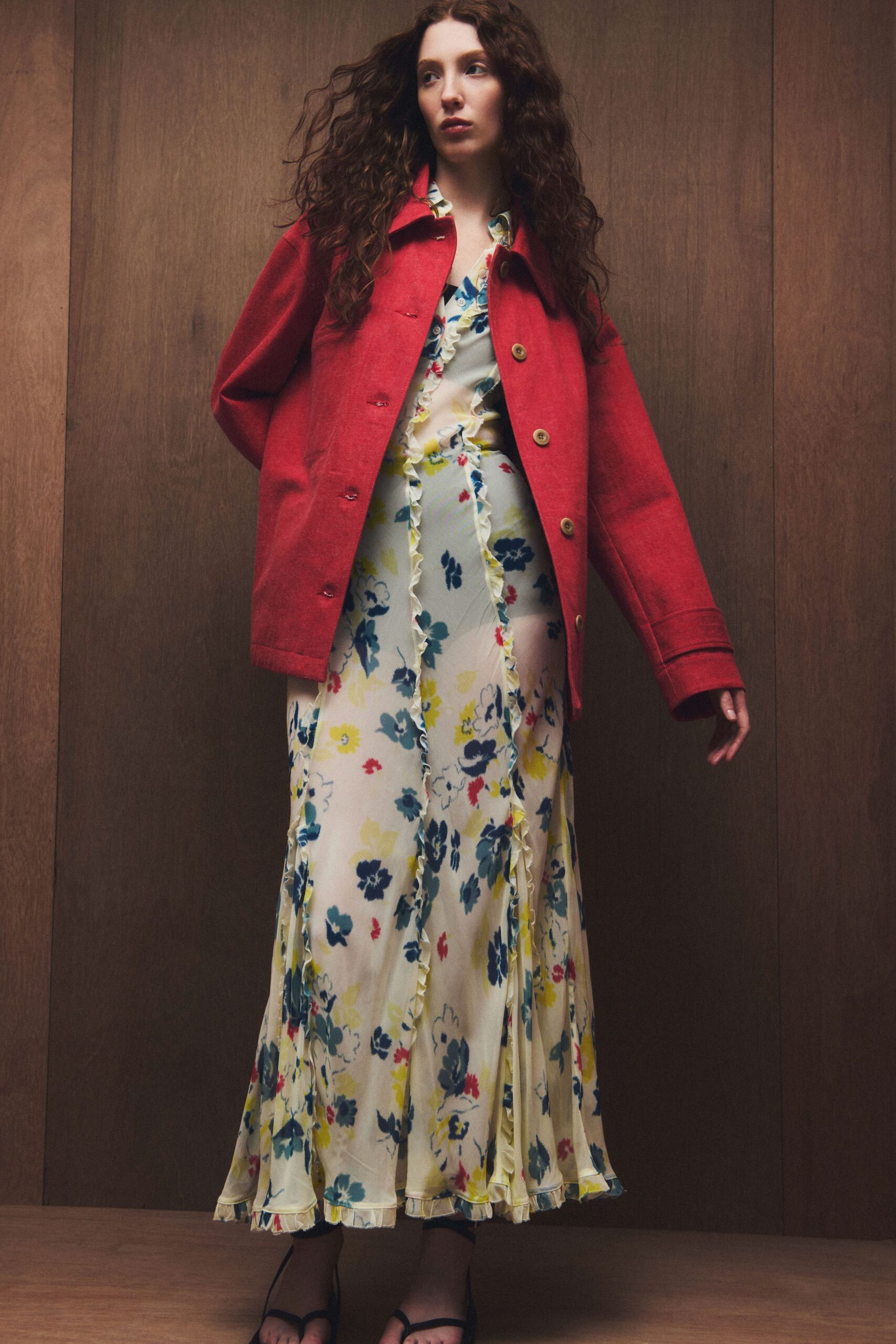 red cotton long-sleeve collared relaxed buttoned jacket