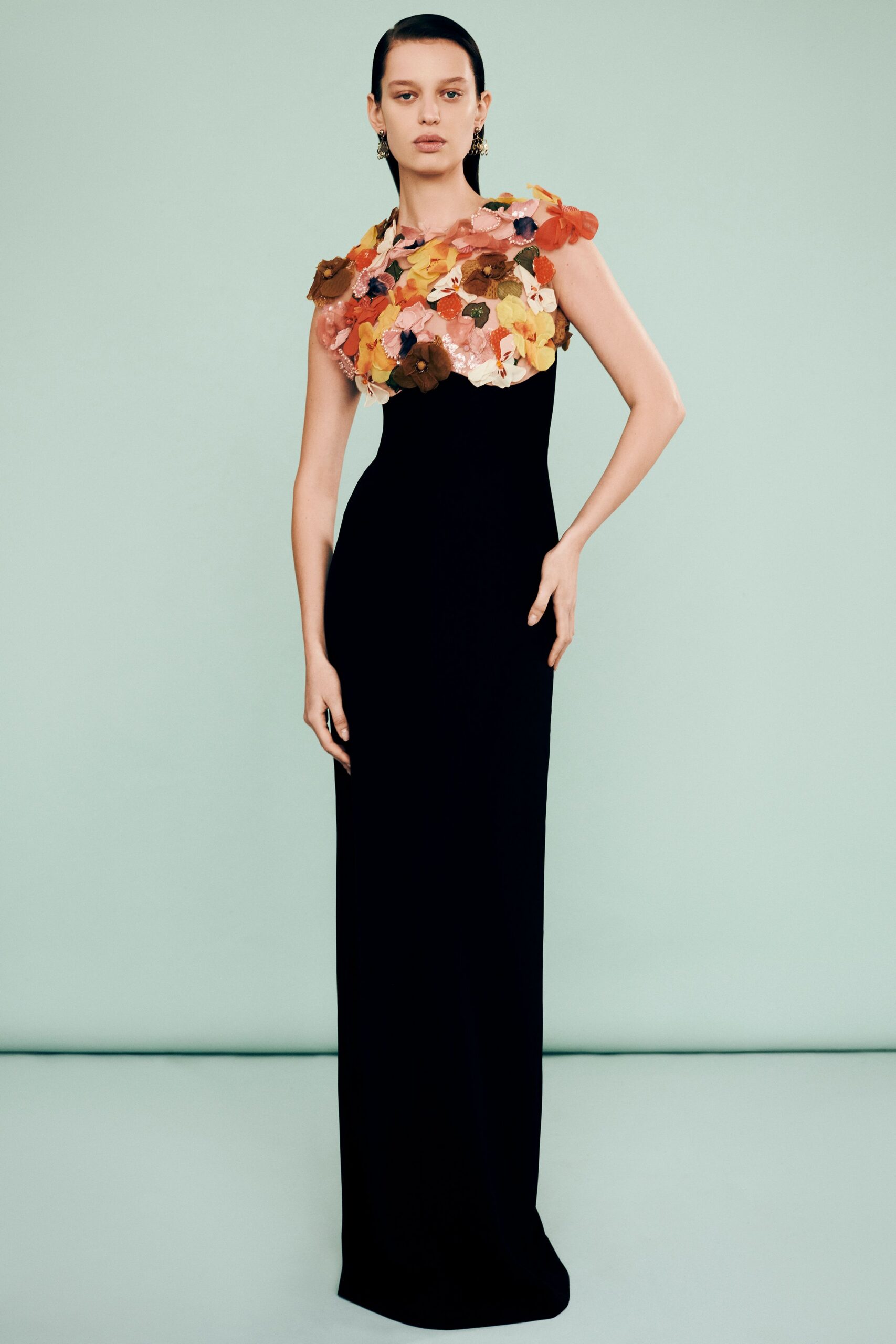 black gown with floral embellishments