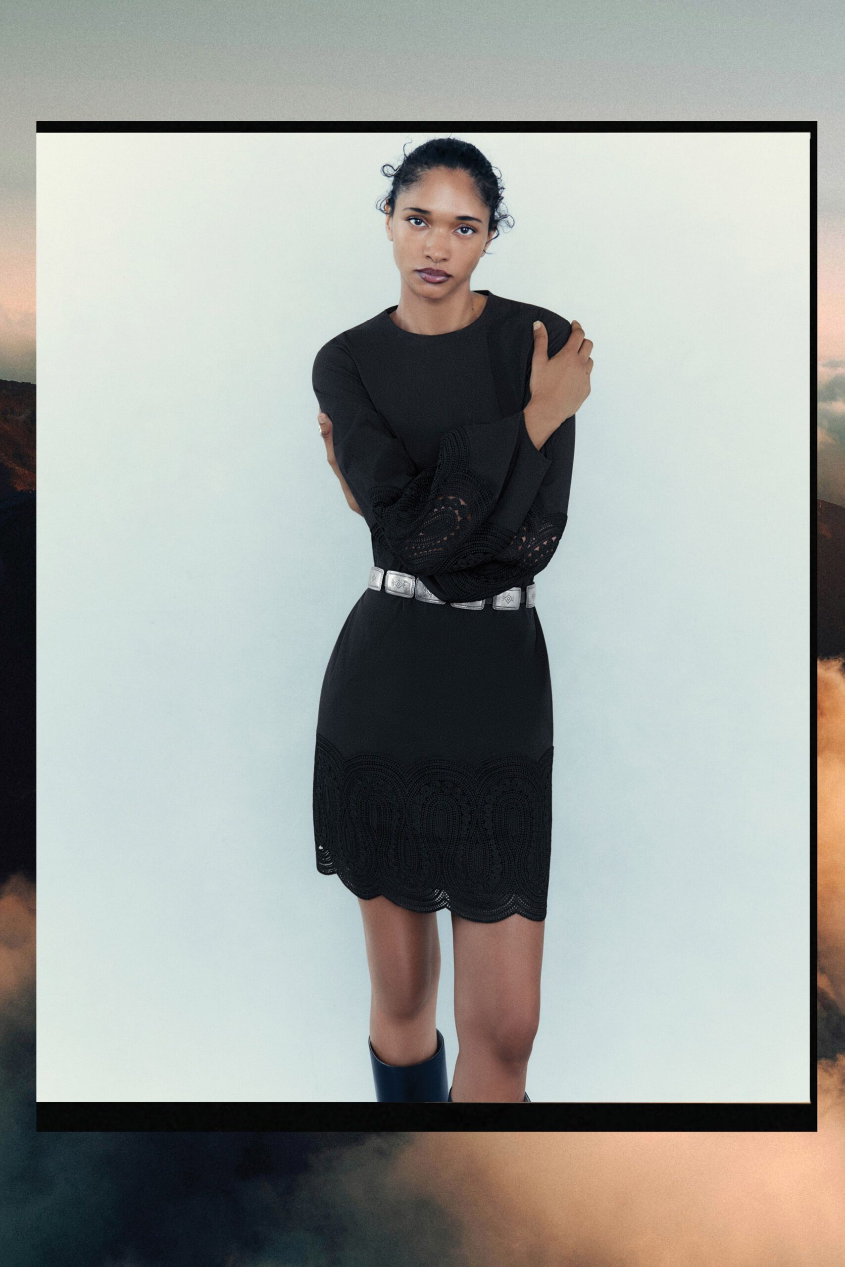 black cotton long-sleeve collared fitted embroidered tiered dress