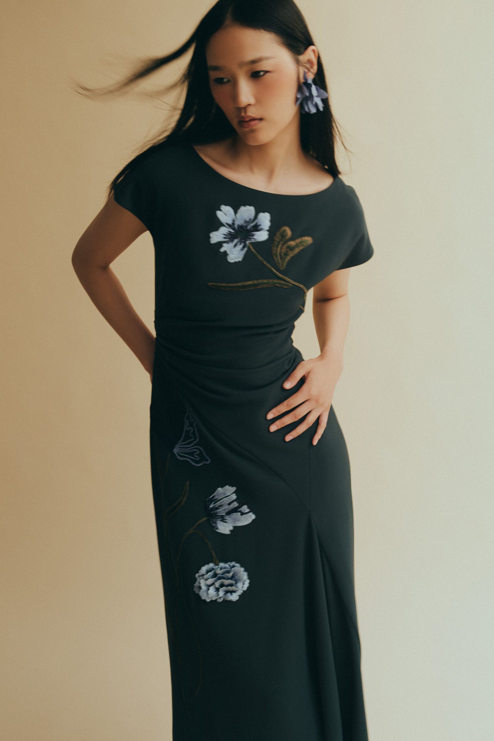 black silk embroidered gown
