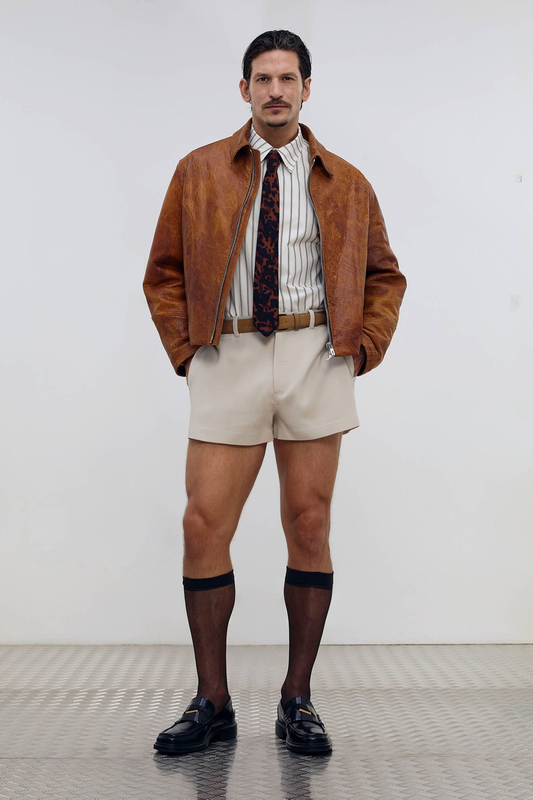 brown leather jacket with shorts