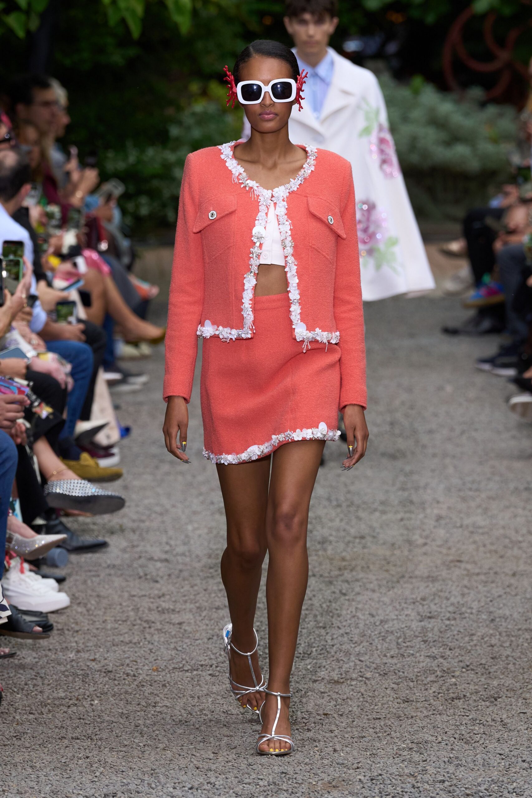 coral cotton long-sleeve collared fitted buttoned fringed jacket