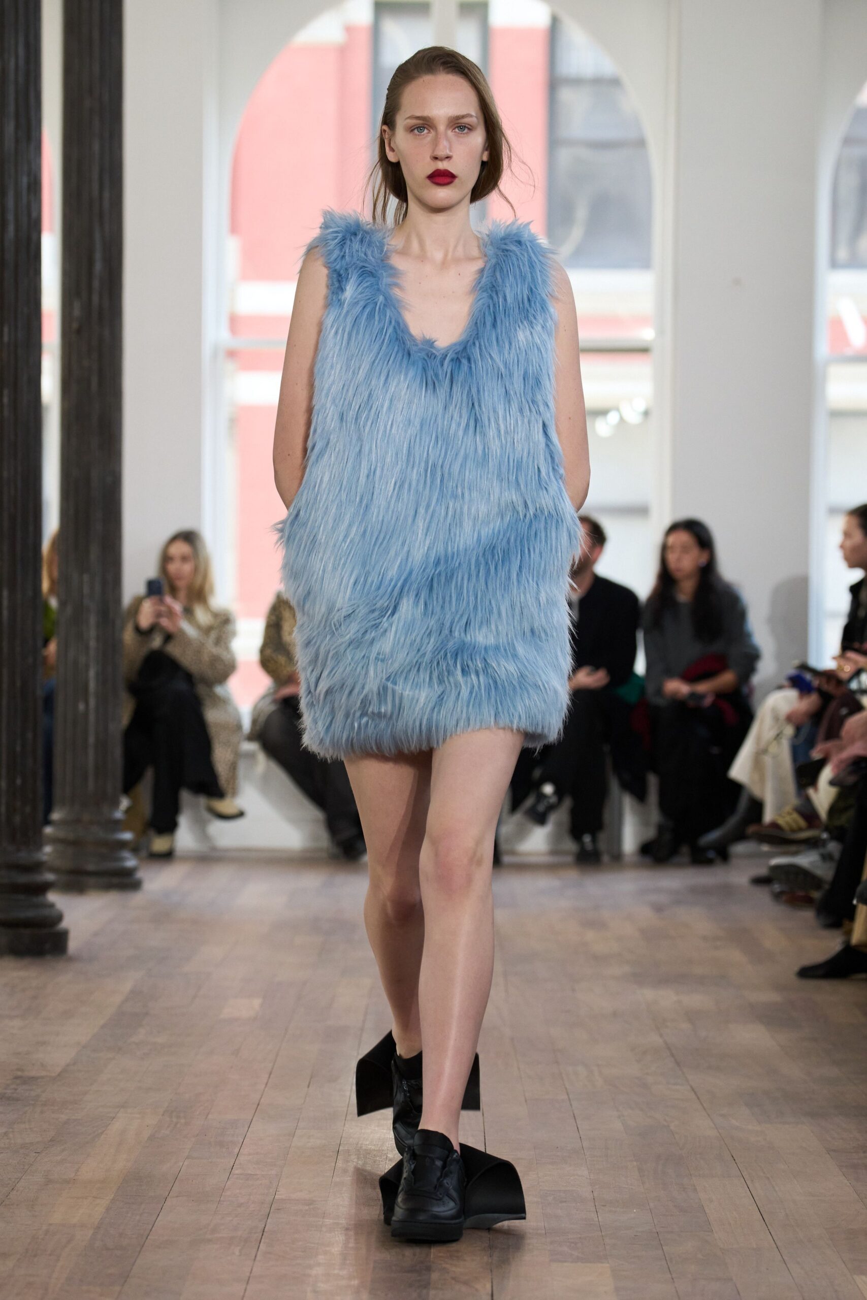 blue fur sleeveless fitted fringed mini dress