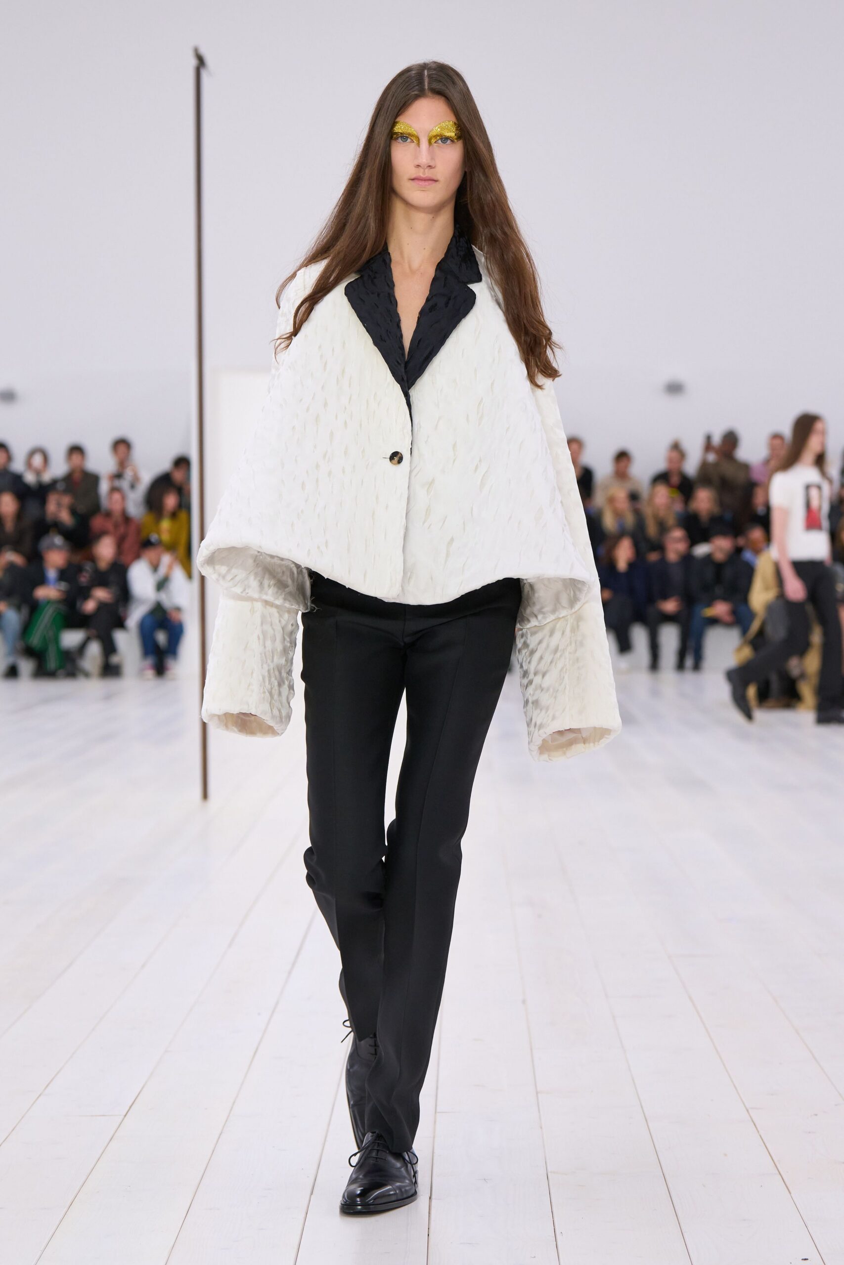white silk long-sleeve collared relaxed pleated cape