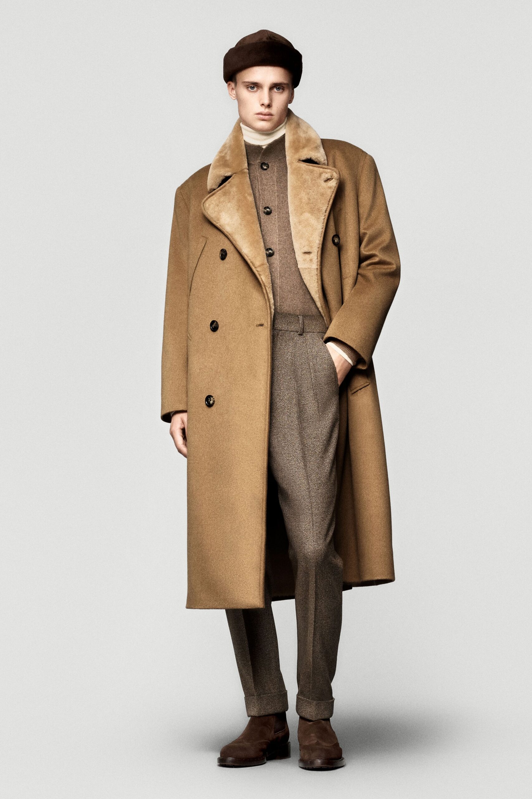 brown wool long-sleeve collared relaxed belted maxi coat