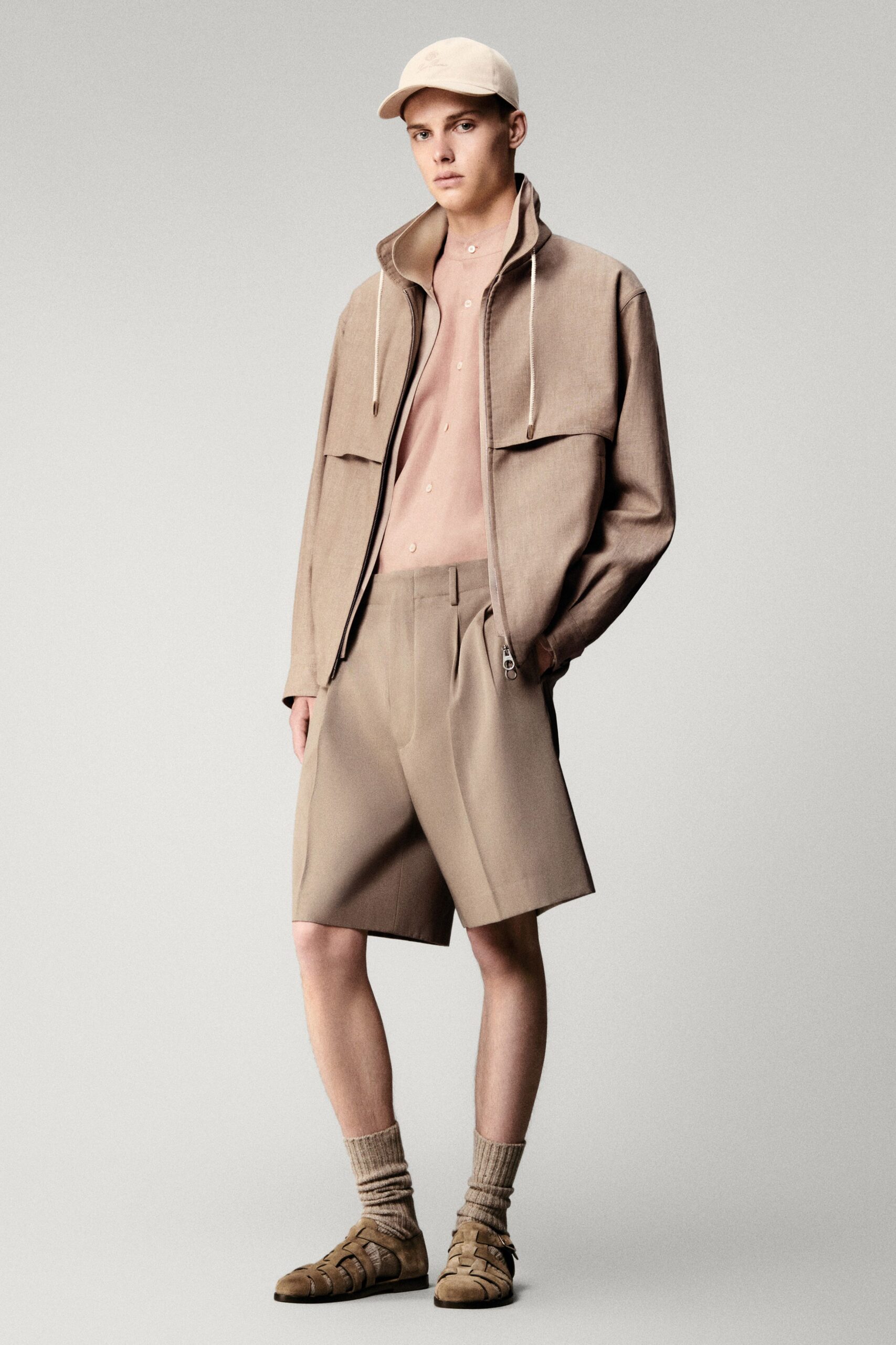 beige relaxed jacket with pink shirt