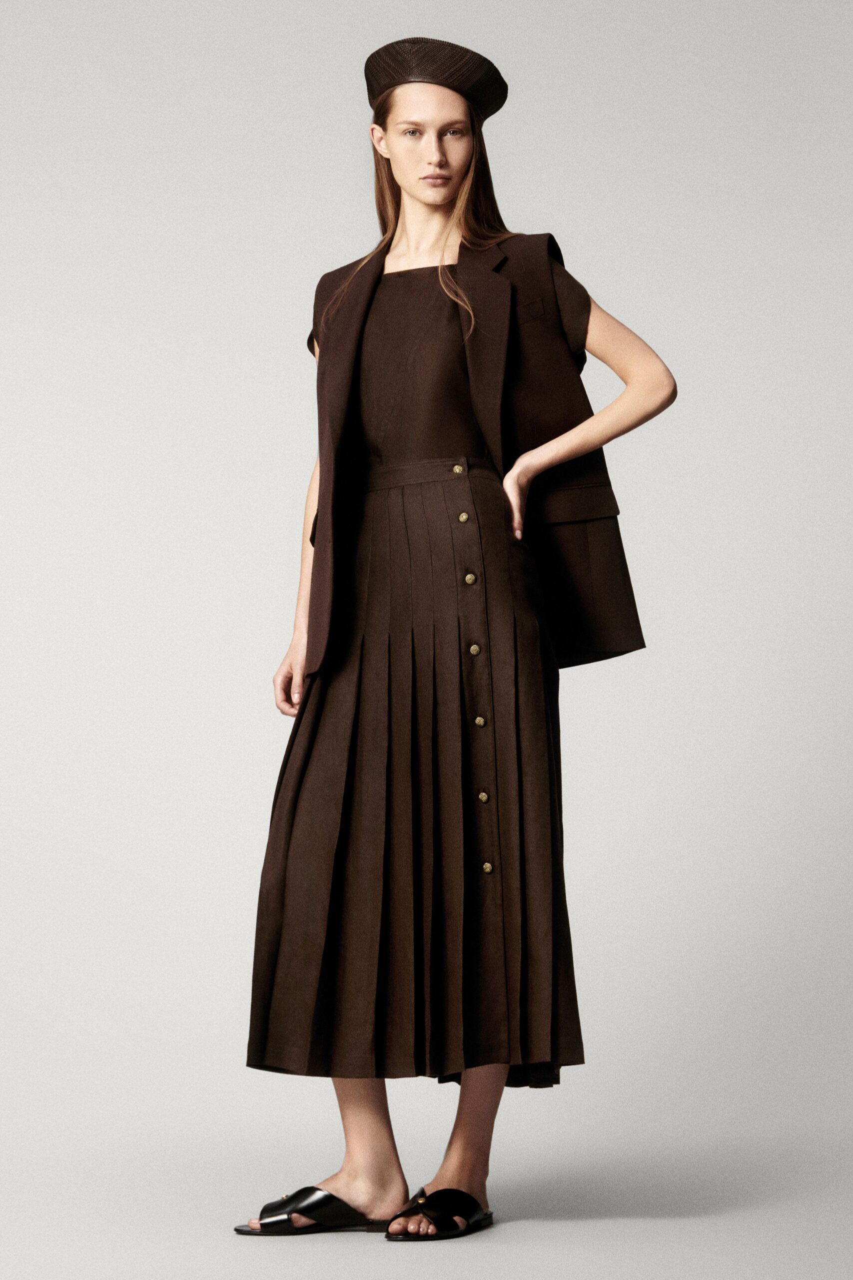 brown cotton fitted high-waisted pleated buttoned midi skirt