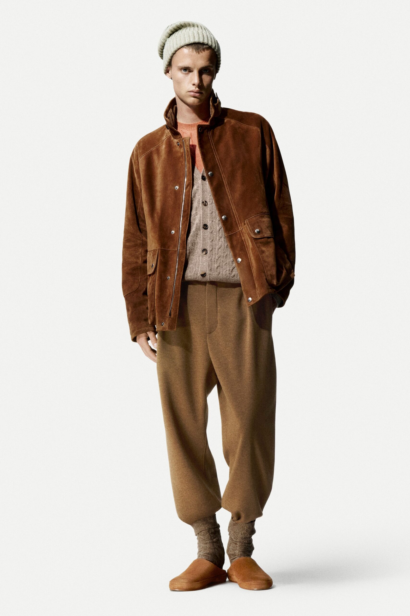 brown suede long-sleeve collared relaxed buttoned jacket