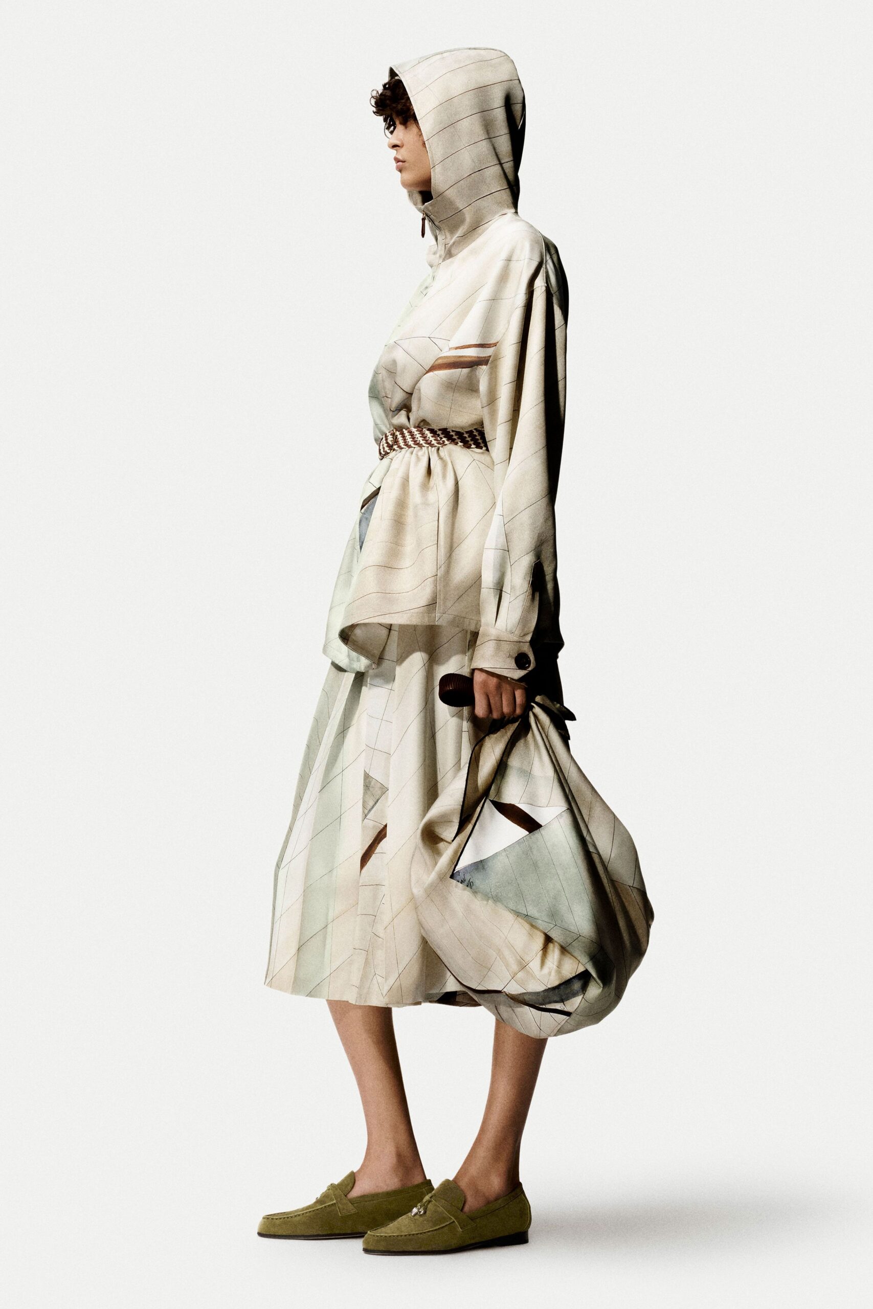 beige cotton hooded top with pleated skirt