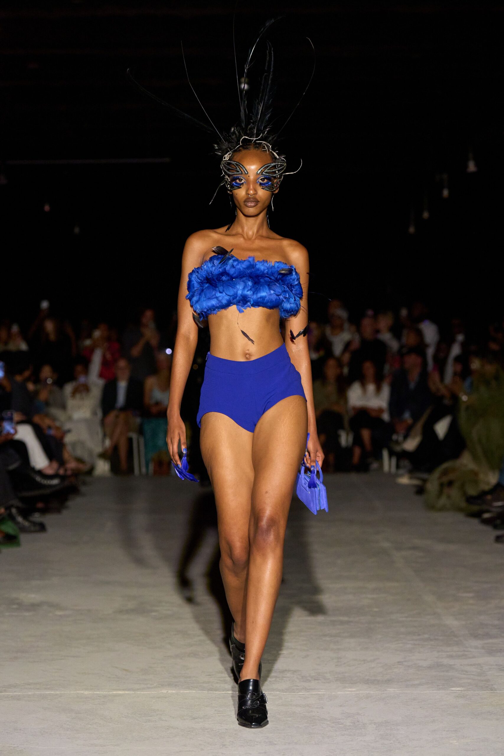 blue feather sleeveless strapless fitted ruffled top